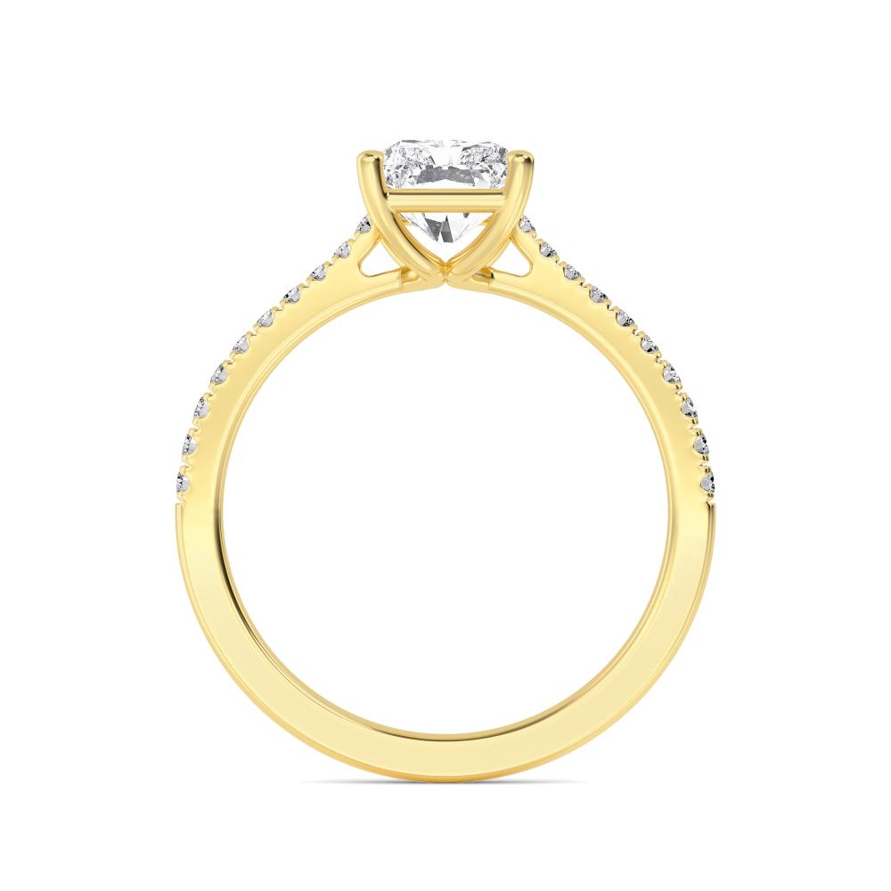 Mere, Four Prong Radiant Solitaire, Pavé Band in Yellow Gold, radiant, plain background, alternate view