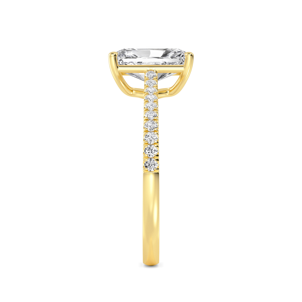 Mere, Four Prong Radiant Solitaire, Pavé Band in Yellow Gold, radiant, plain background, alternate view