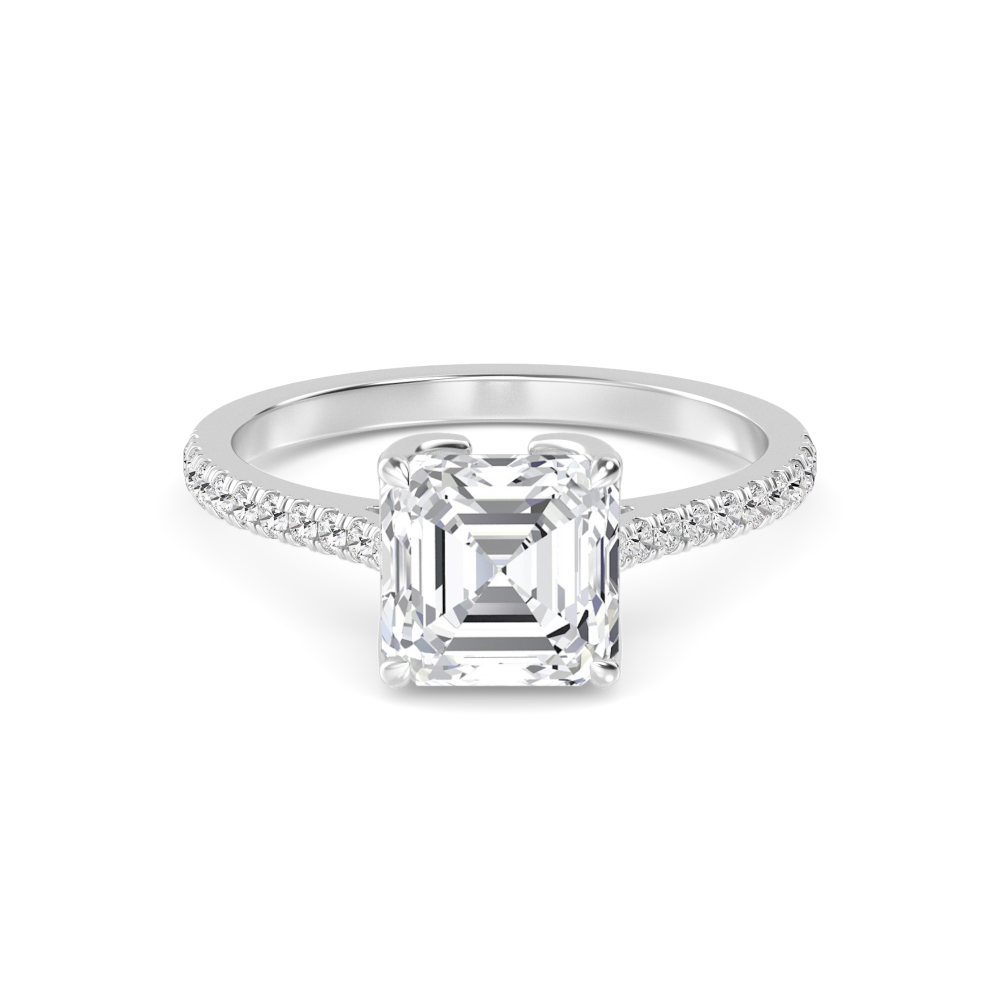 Nib, Four Prong Asscher Solitaire, Pavé Band in White Gold, asscher, plain background
