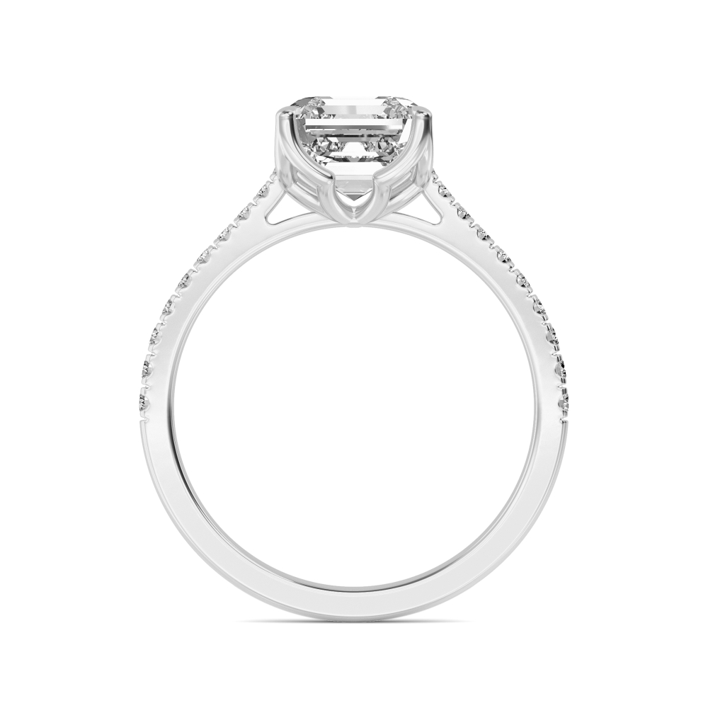 Nib, Four Prong Asscher Solitaire, Pavé Band in White Gold, asscher, plain background, alternate view