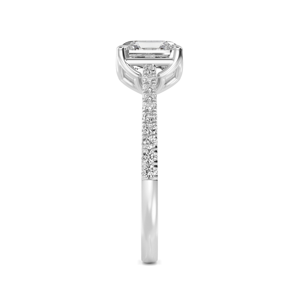 Nib, Four Prong Asscher Solitaire, Pavé Band in White Gold, asscher, plain background, alternate view