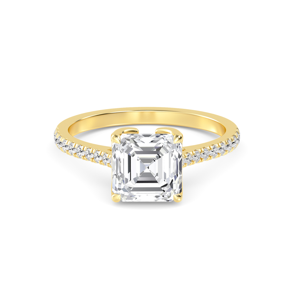 Nib, Four Prong Asscher Solitaire, Pavé Band in Yellow Gold, asscher, plain background