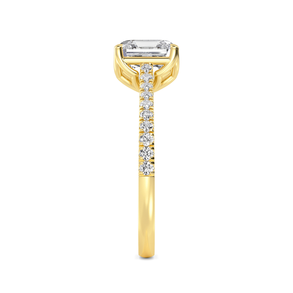 Nib, Four Prong Asscher Solitaire, Pavé Band in Yellow Gold, asscher, plain background, alternate view
