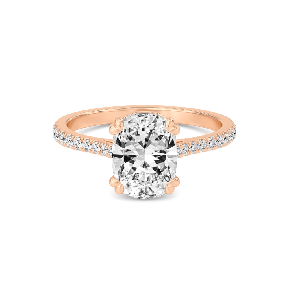 Pale, Double Claw Cushion Solitaire, Fine Pavé Band in Rose Gold, cushion, plain background