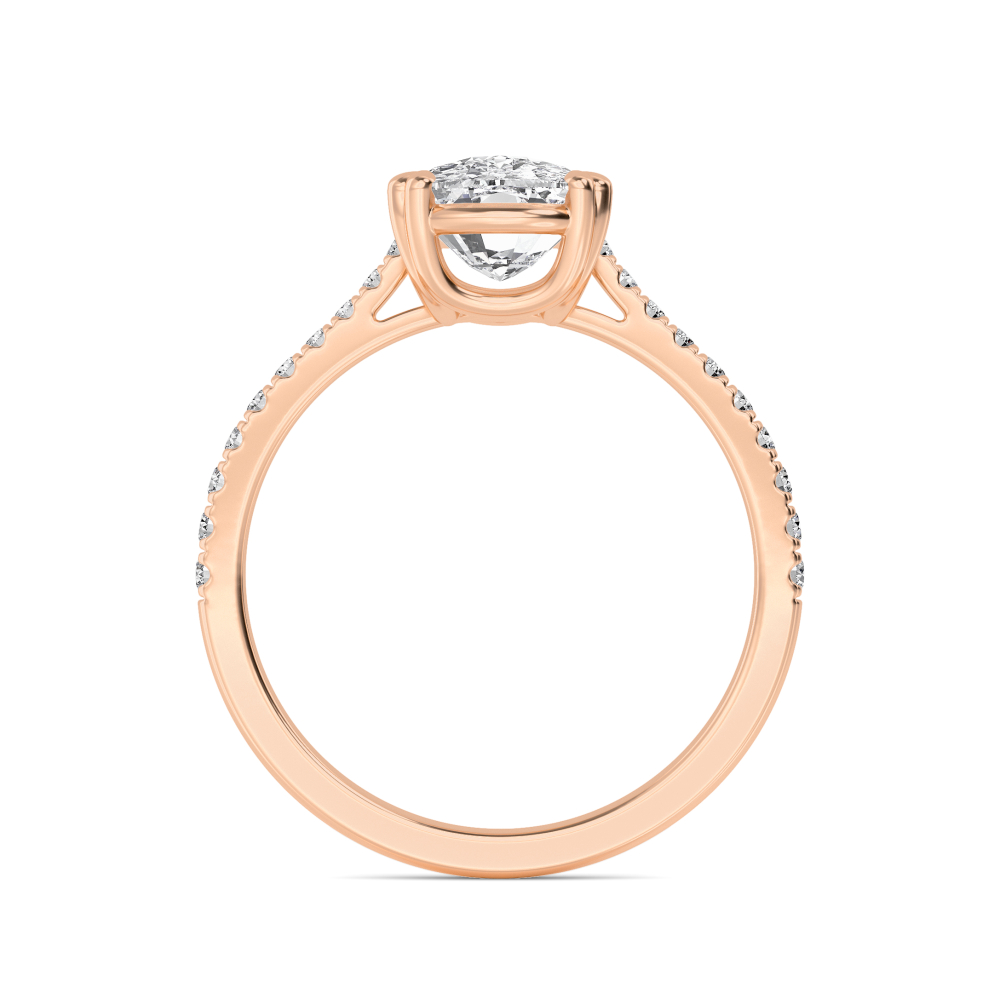 Pale, Double Claw Cushion Solitaire, Fine Pavé Band in Rose Gold, cushion, plain background, alternate view