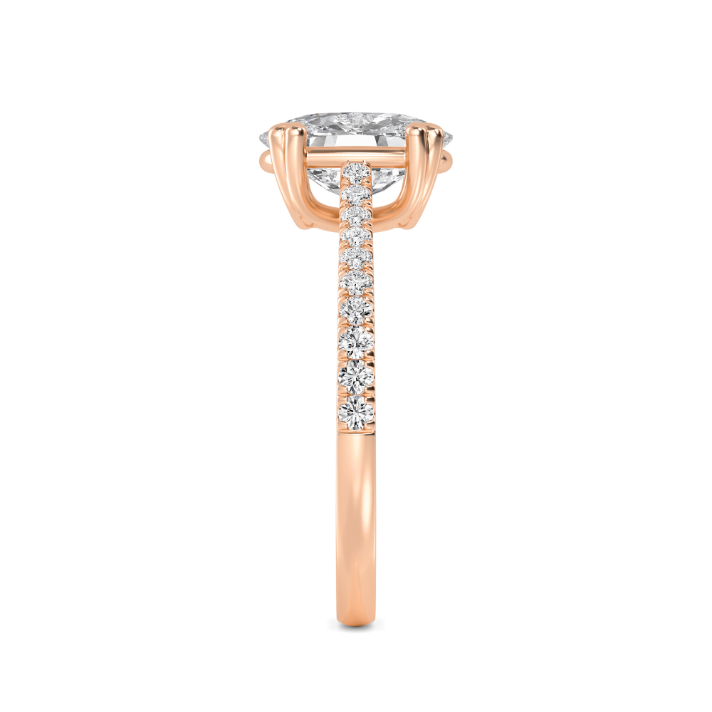 Pale, Double Claw Cushion Solitaire, Fine Pavé Band in Rose Gold, cushion, plain background, alternate view