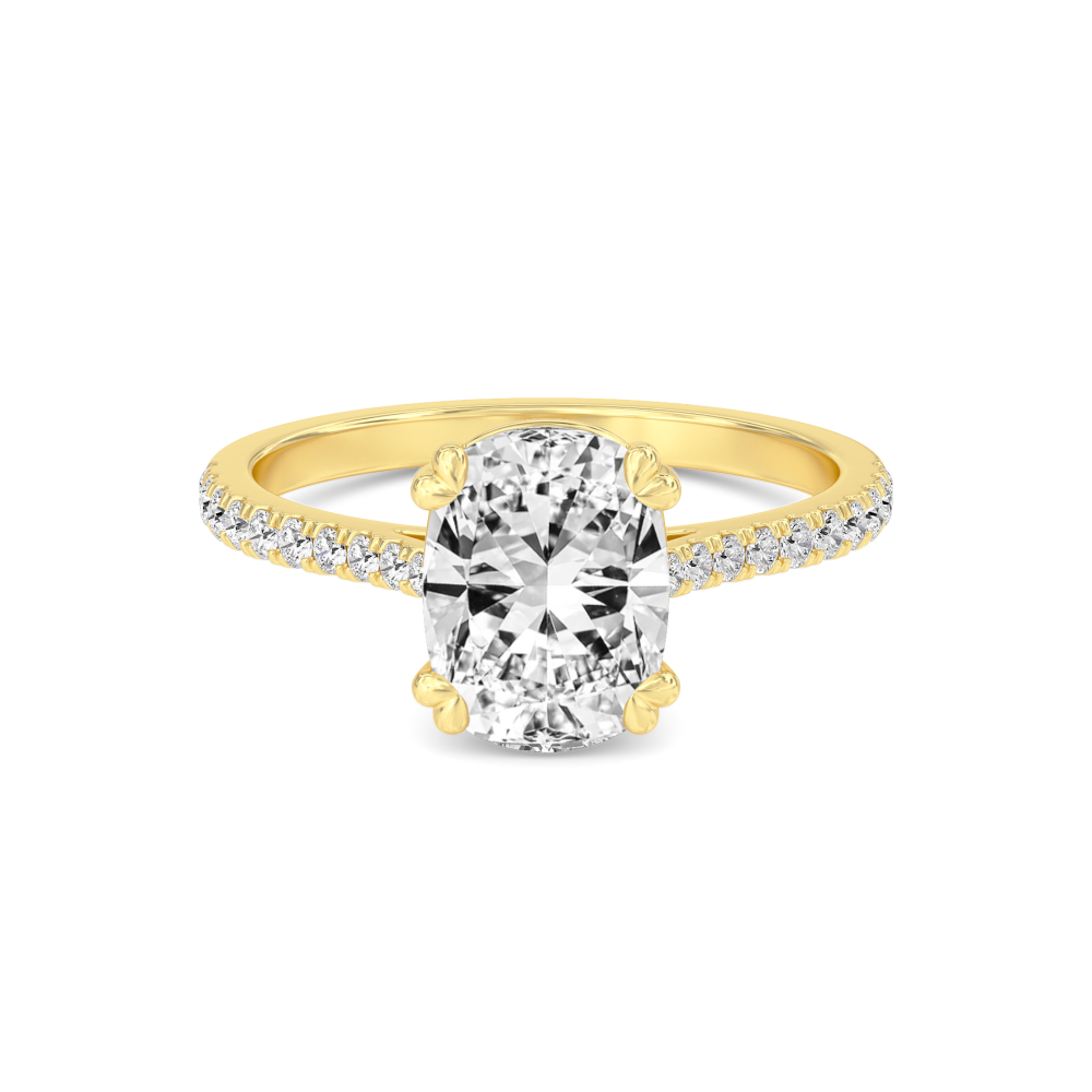 Pale, Four Prong Cushion Solitaire, Pavé Band in Yellow Gold, cushion, plain background