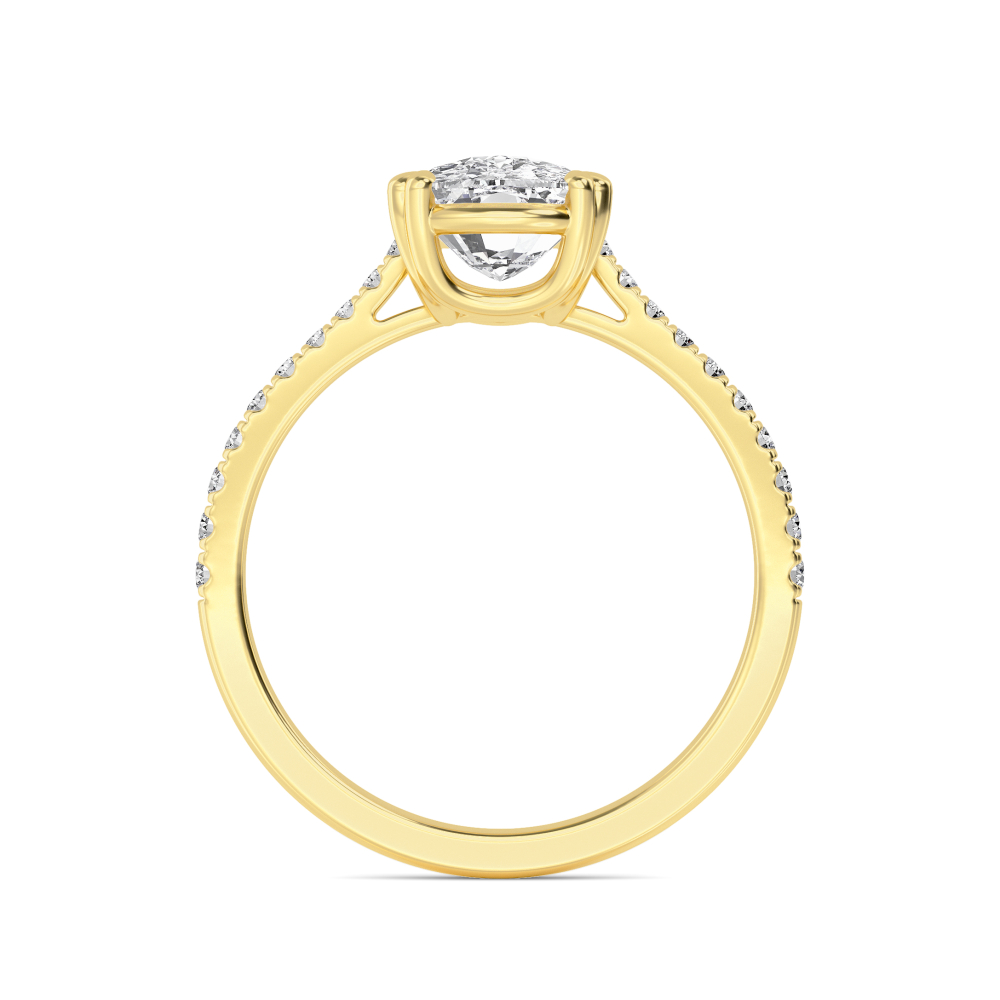 Pale, Four Prong Cushion Solitaire, Pavé Band in Yellow Gold, cushion, plain background, alternate view