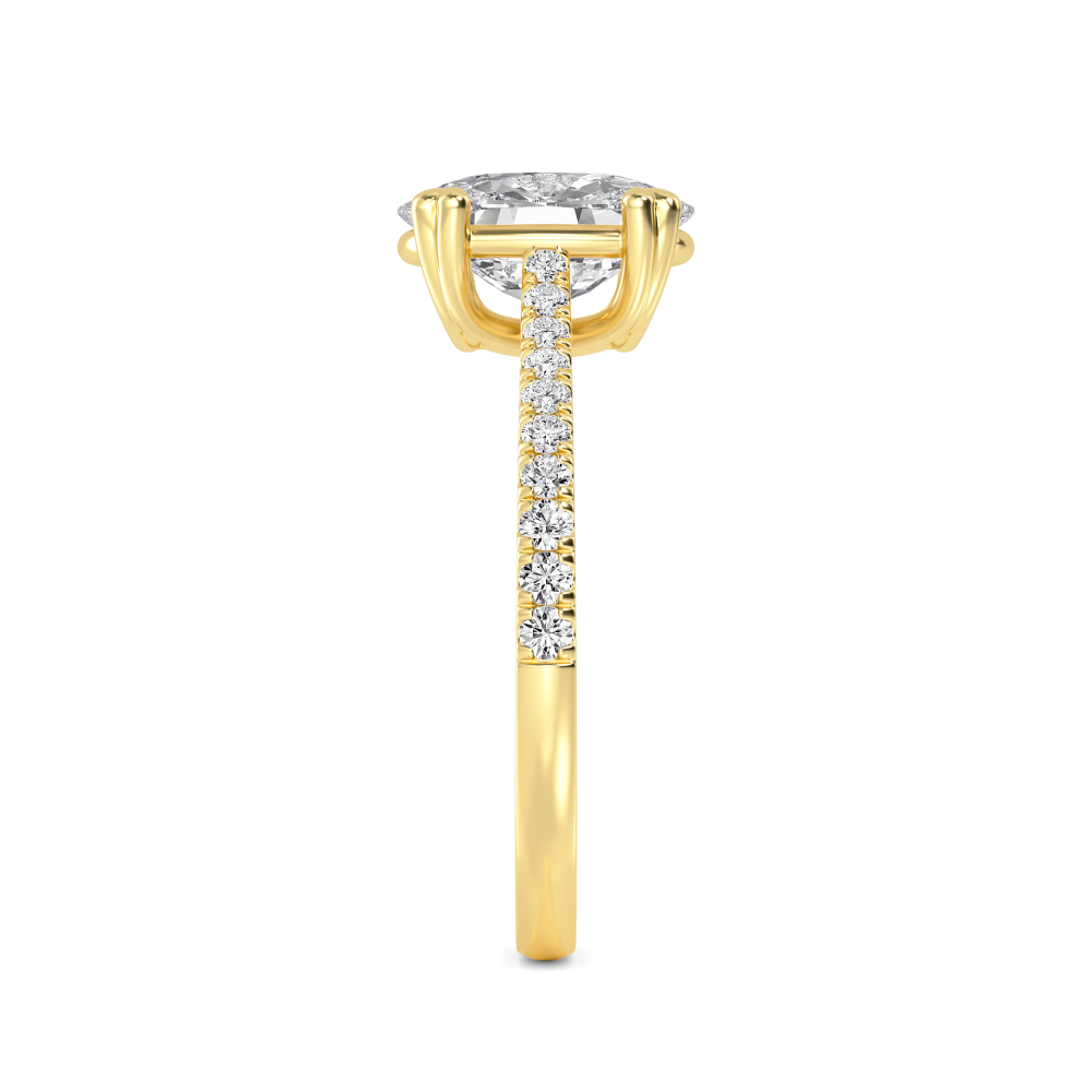 Pale, Four Prong Cushion Solitaire, Pavé Band in Yellow Gold, cushion, plain background, alternate view
