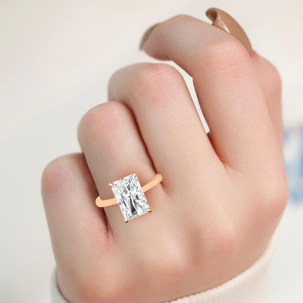 Tulle, Four Prong Radiant Solitaire in Rose Gold, radiant, plain background, alternate view