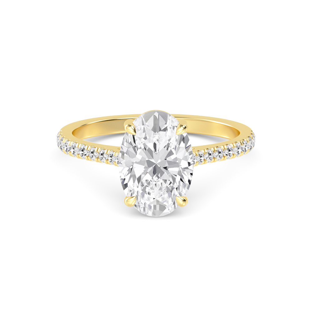 Beacon, Four Prong Oval Solitaire, Pavé Band in Yellow Gold, oval, plain background