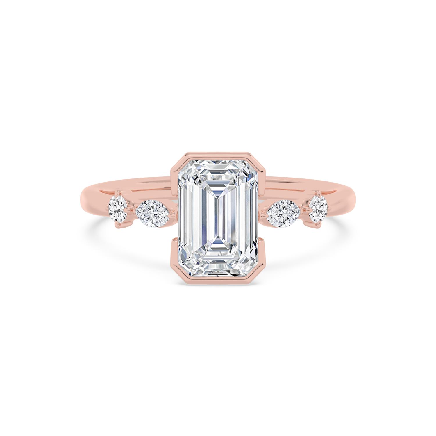 Amara, Emerald Half Bezel, Marquise and Round Shoulders in Rose Gold, emerald, plain background
