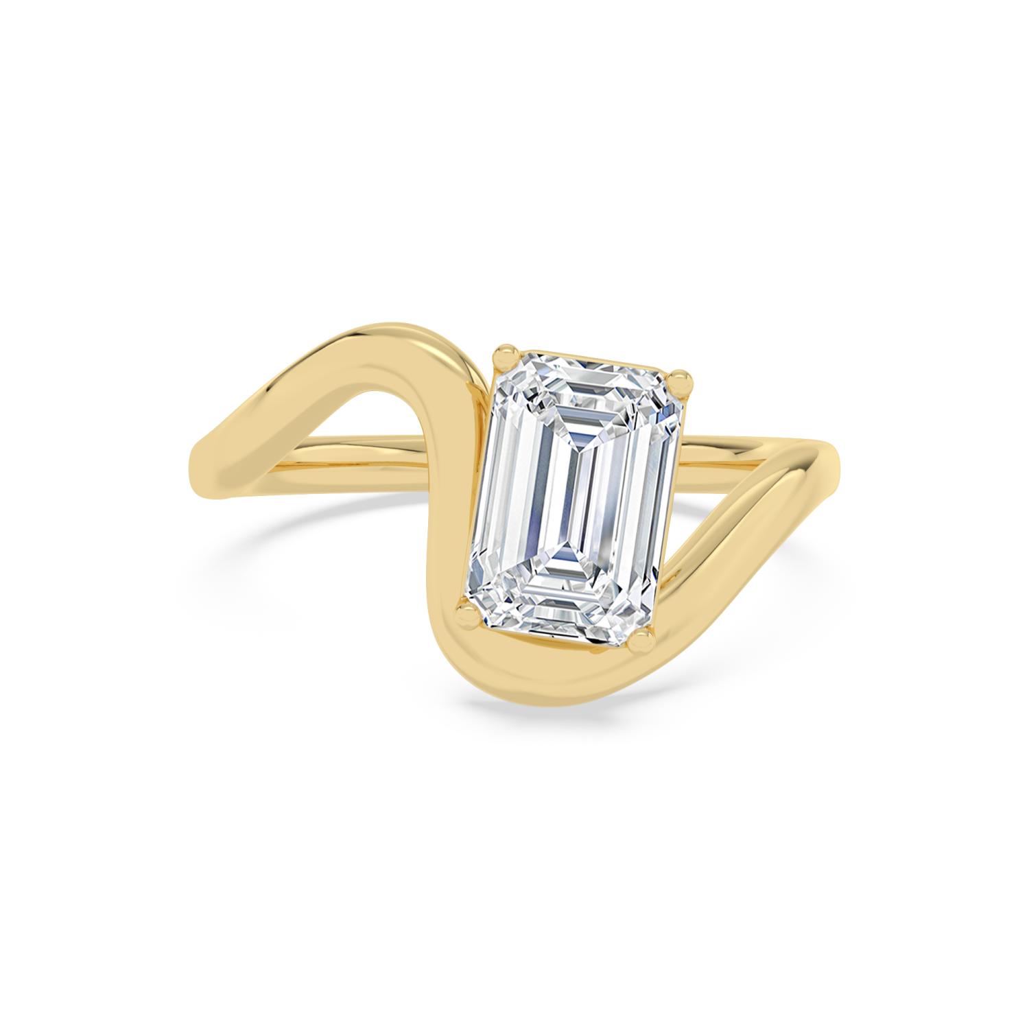 Carina, Four Prong Emerald Solitaire, Bypass Band in Yellow Gold, emerald, plain background