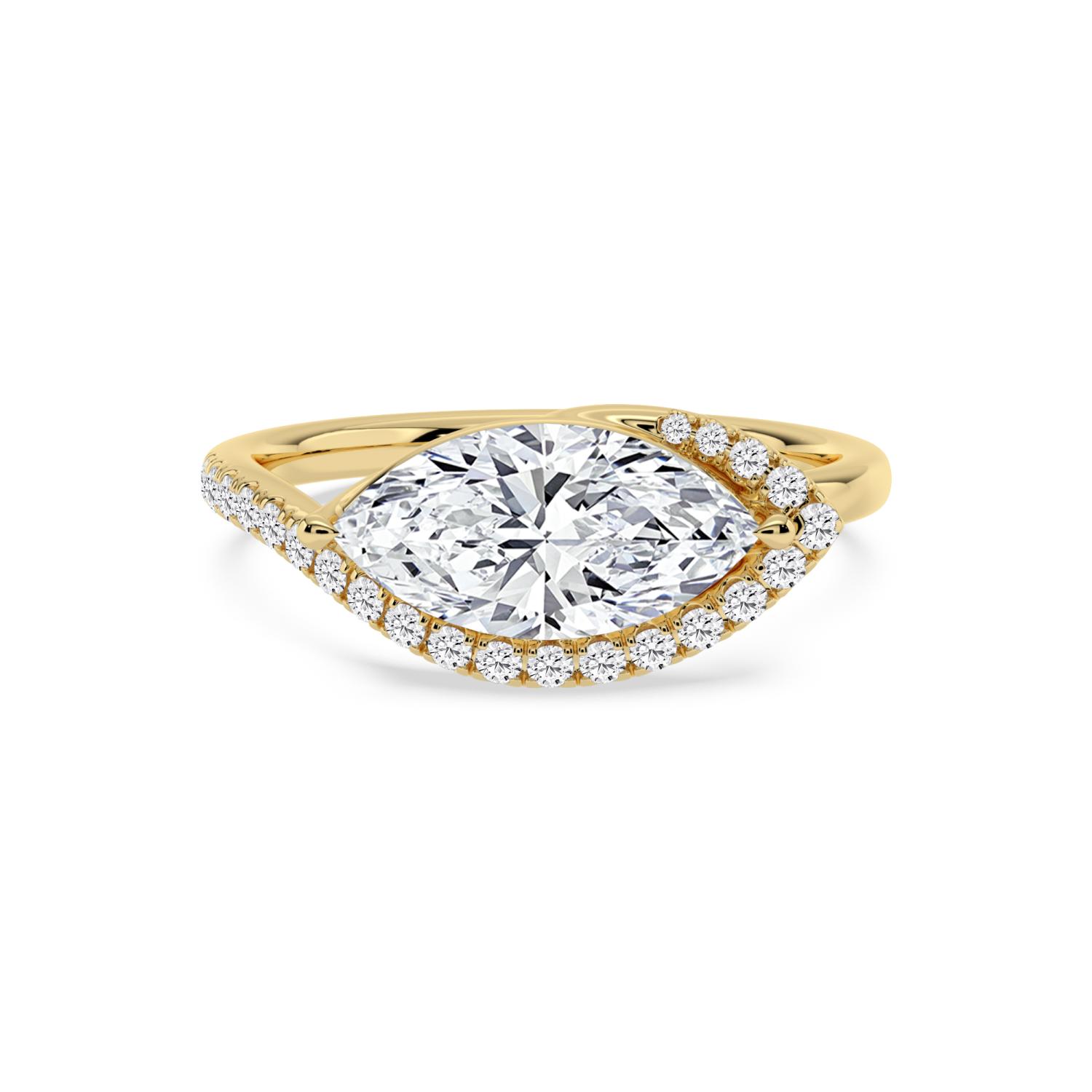 Felicity, East-West Marquise, Swept Pavé Halo in Yellow Gold, marquise, plain background