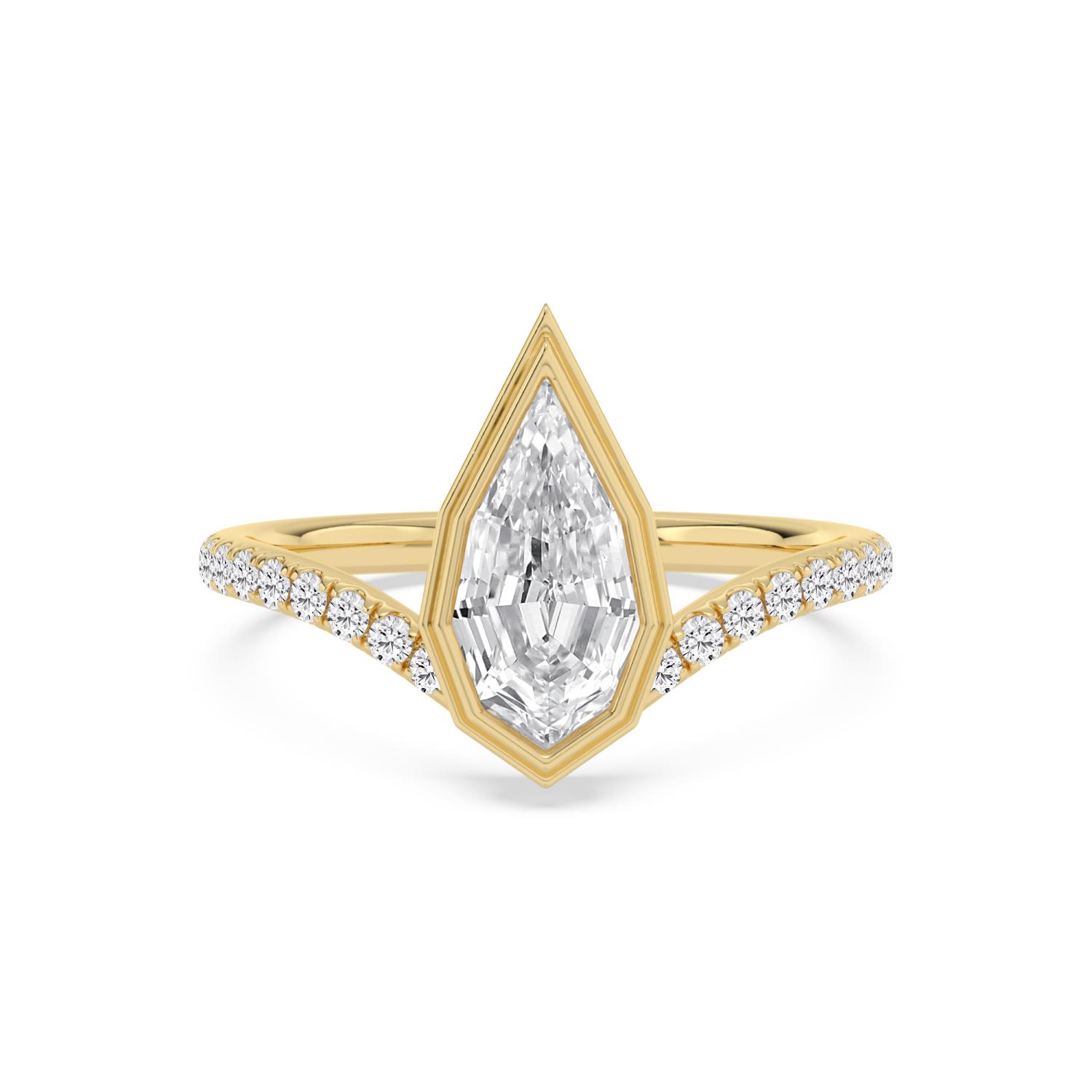Gabriela, Step Cut Pear Bezel, Pavé Chevron Band in Yellow Gold, pear, plain background