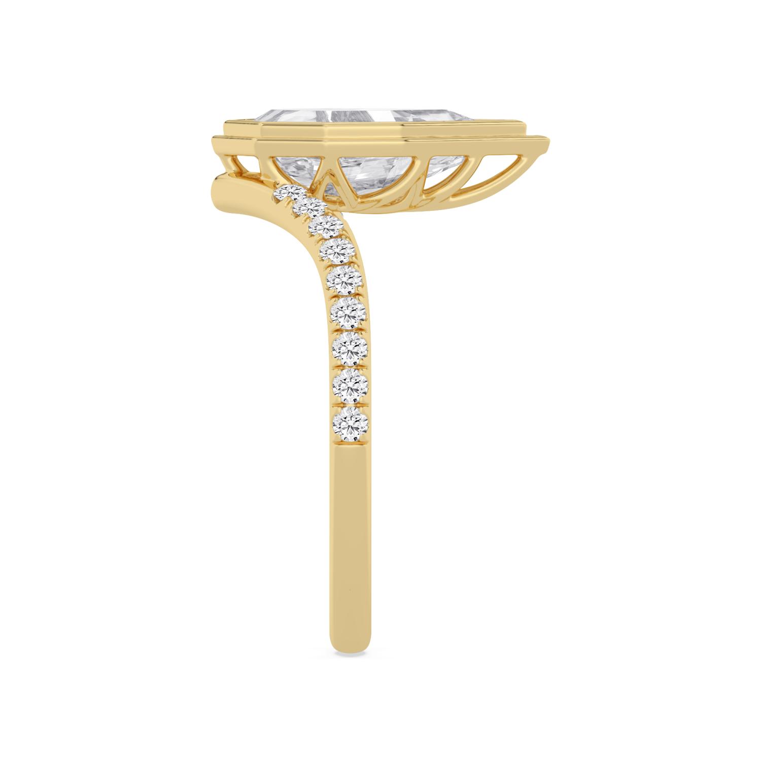 Gabriela, Step Cut Pear Bezel, Pavé Chevron Band in Yellow Gold, pear, plain background, alternate view