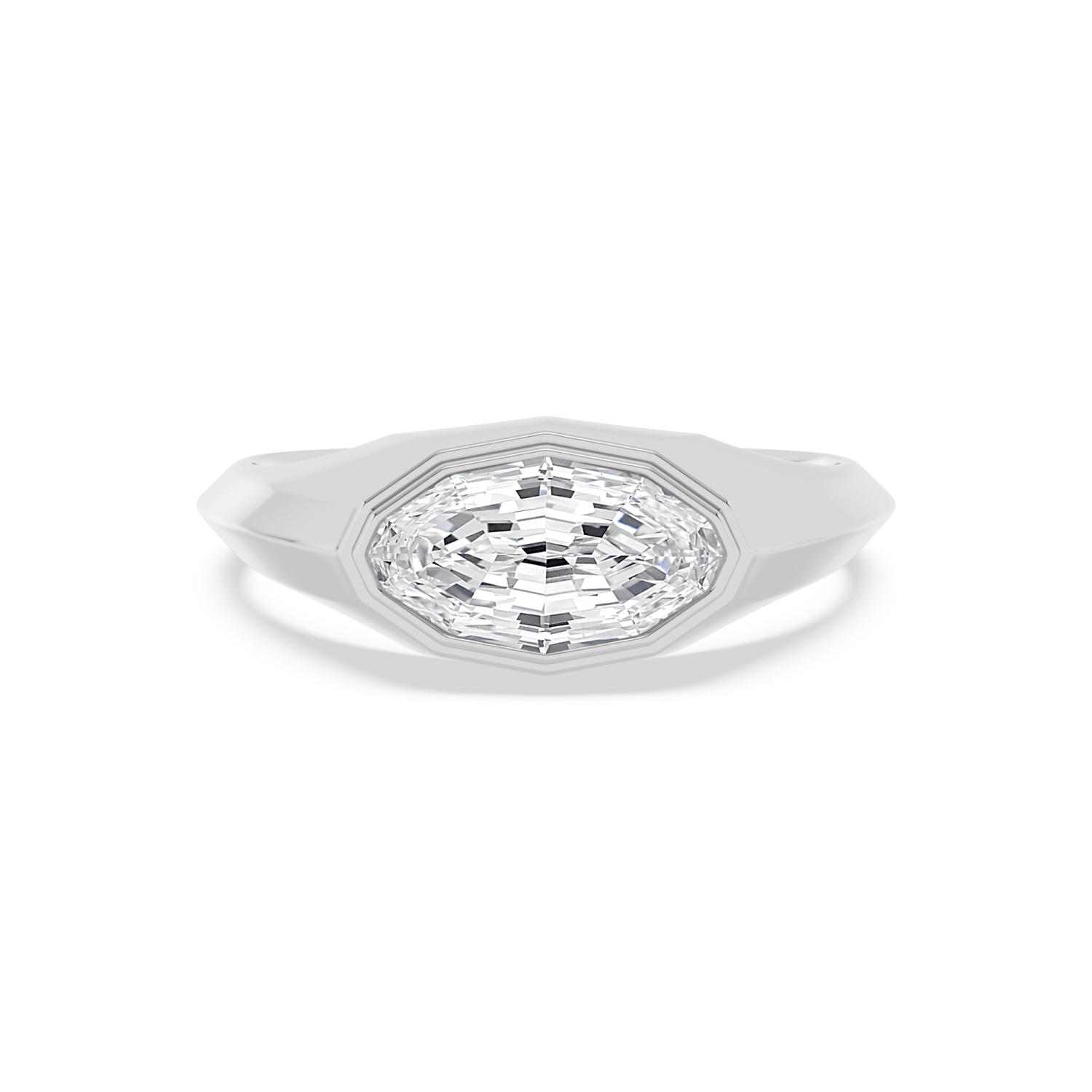 Leonie, East-West Step Cut Oval Bezel Signet in White Gold, oval, plain background