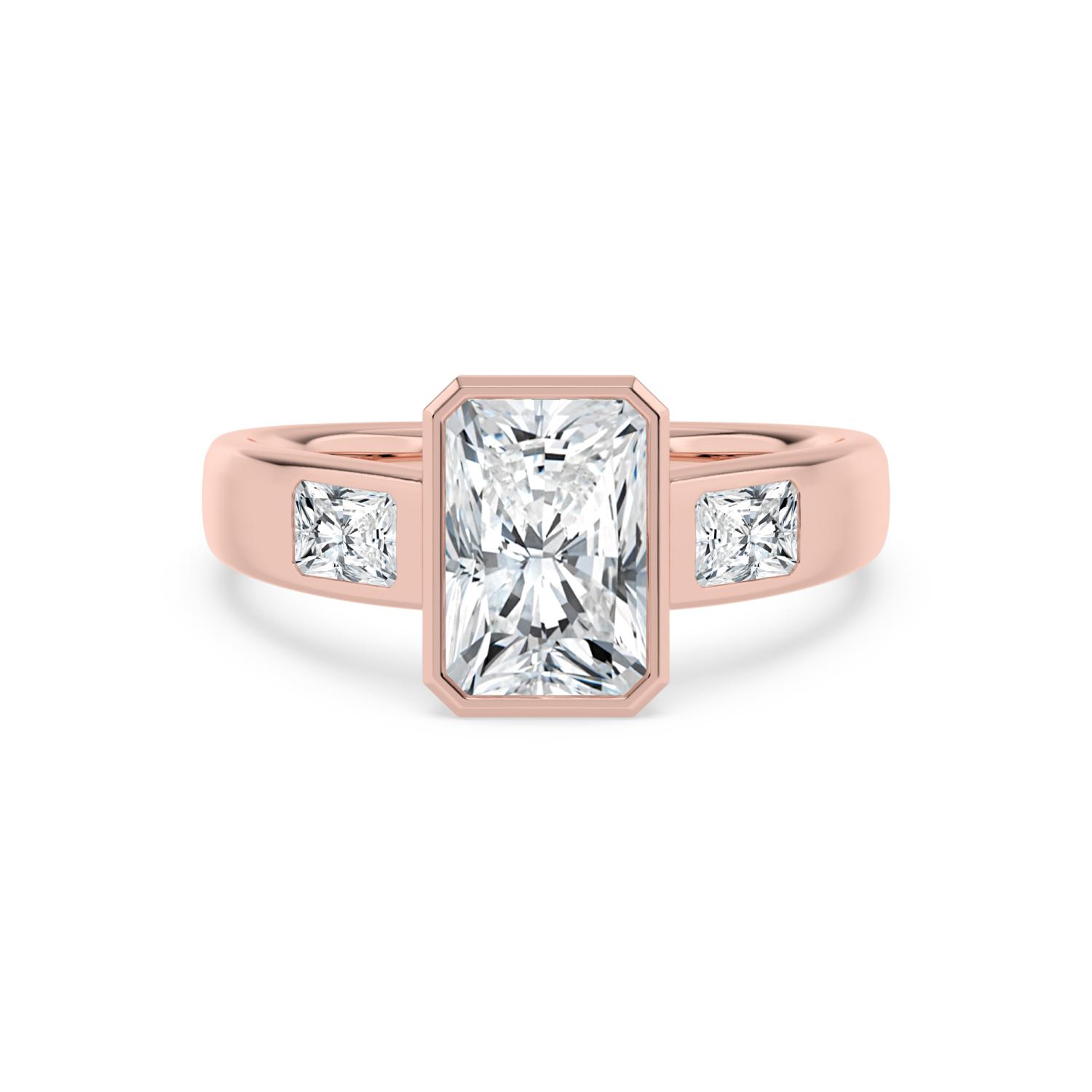 Elva, Radiant Bezel, Flush Radiant Sides, Wide Band in Rose Gold, radiant, plain background
