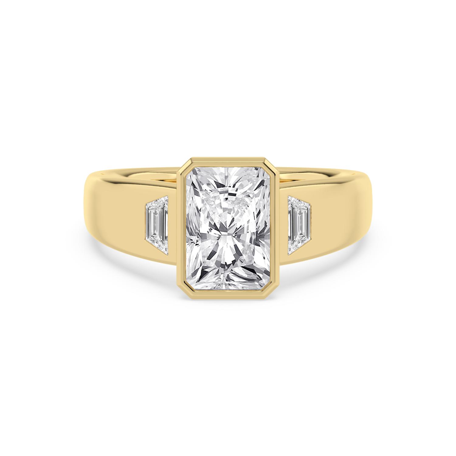 Mirabel, Radiant Bezel, Tapered Baguette Sides, Wide Band in Yellow Gold, radiant, plain background