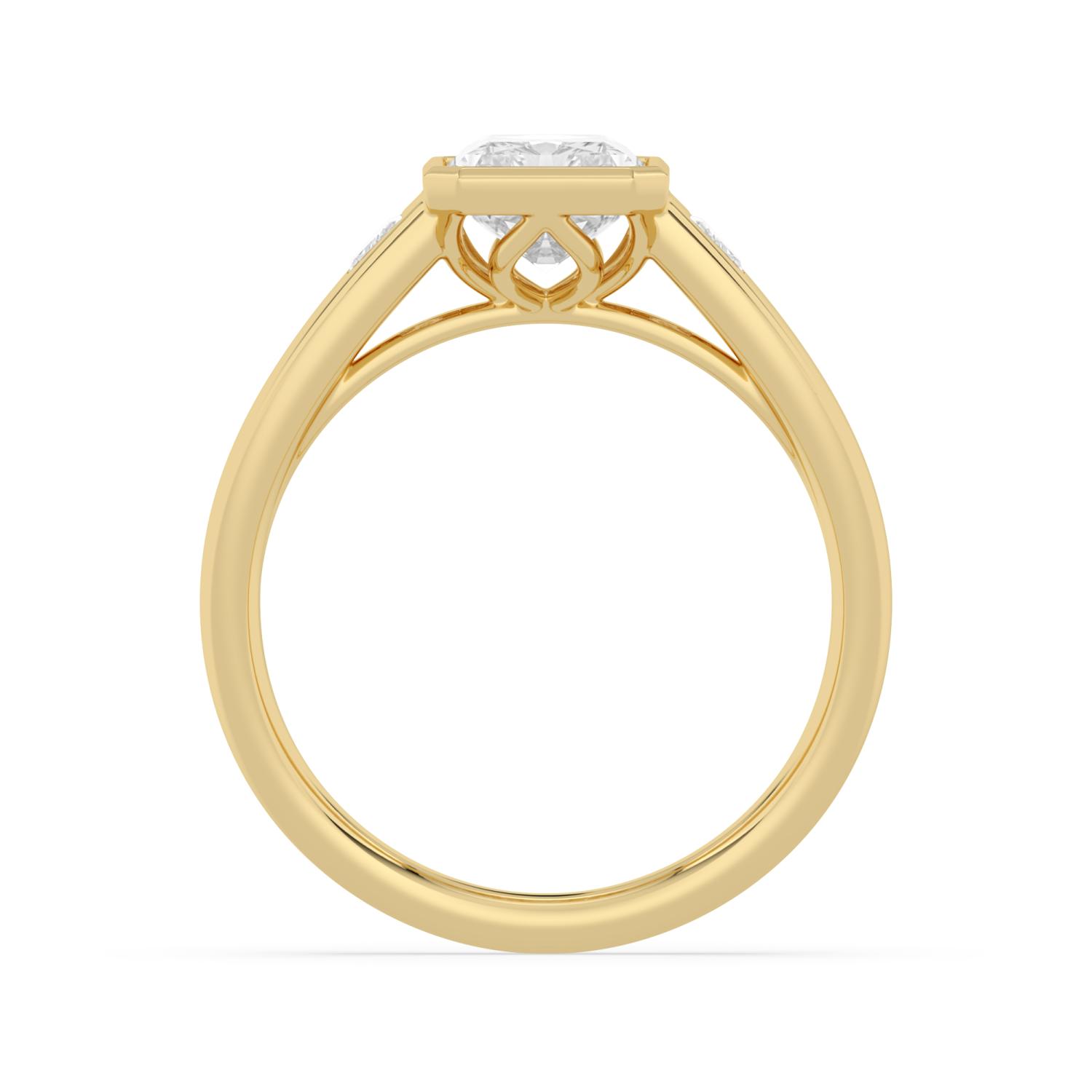 Mirabel, Radiant Bezel, Tapered Baguette Sides, Wide Band in Yellow Gold, radiant, plain background, alternate view