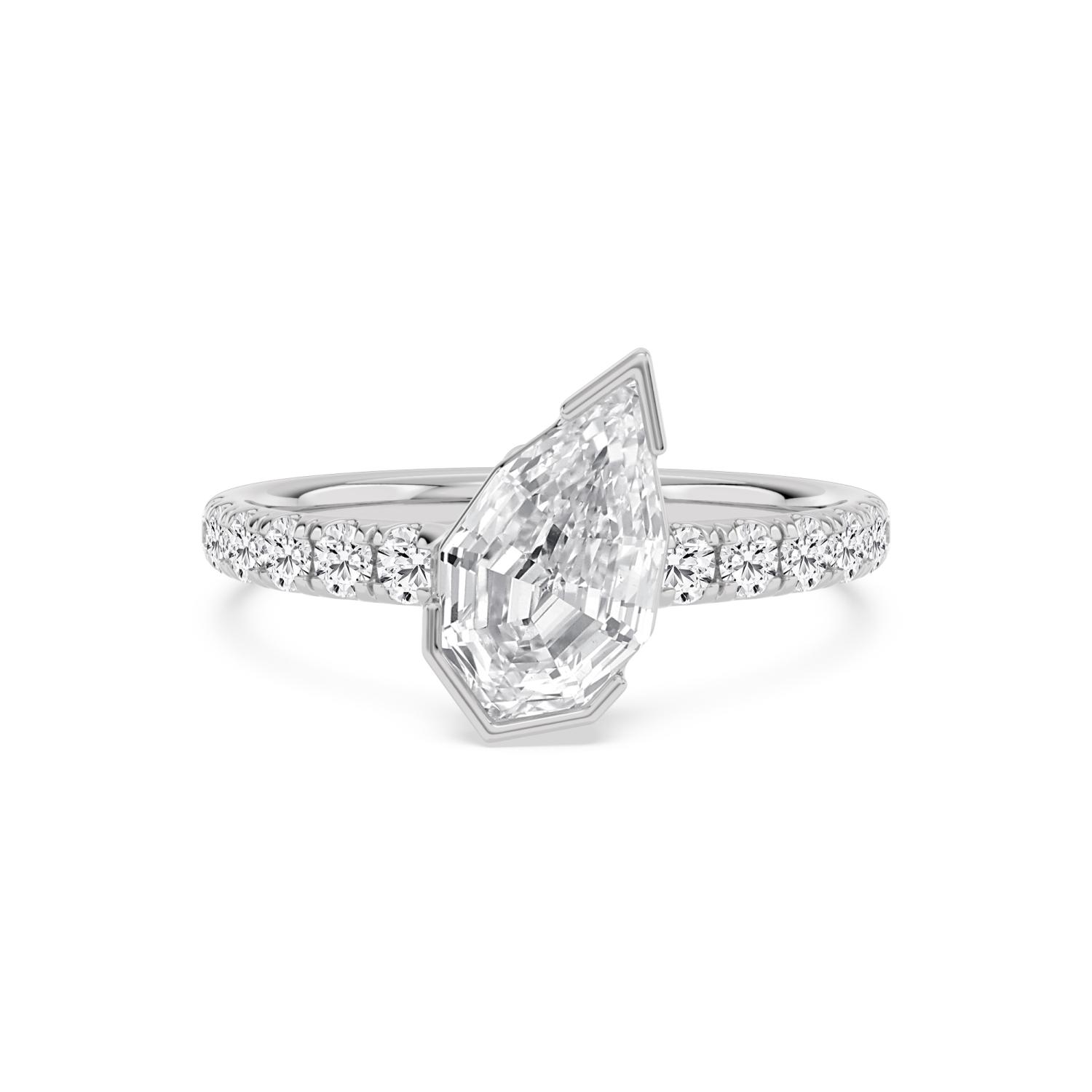 Noelle, Slanted Step Cut Pear, Open Bezel, Pavé Band in White Gold, pear, plain background