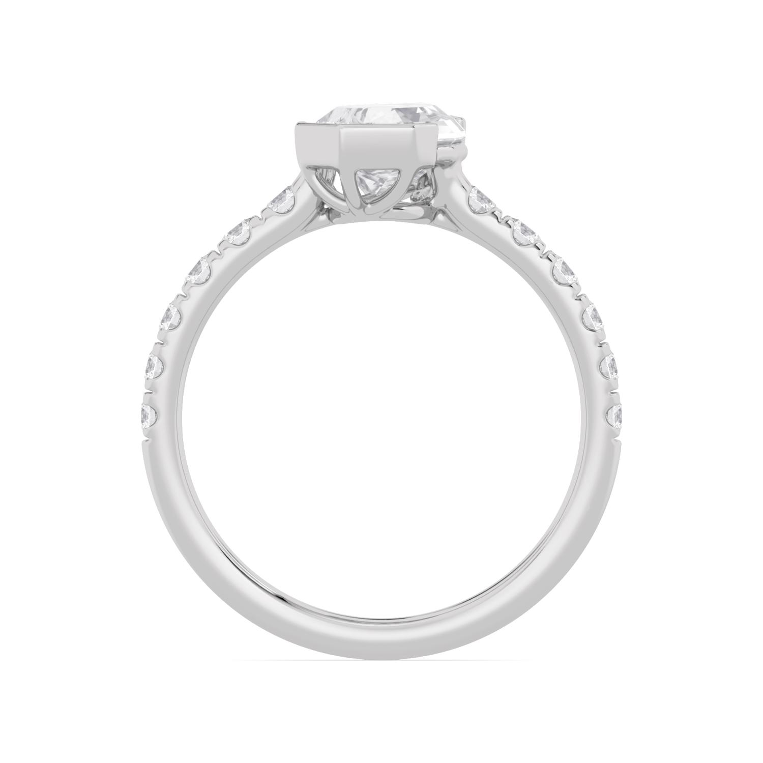 Noelle, Slanted Step Cut Pear, Open Bezel, Pavé Band in White Gold, pear, plain background, alternate view