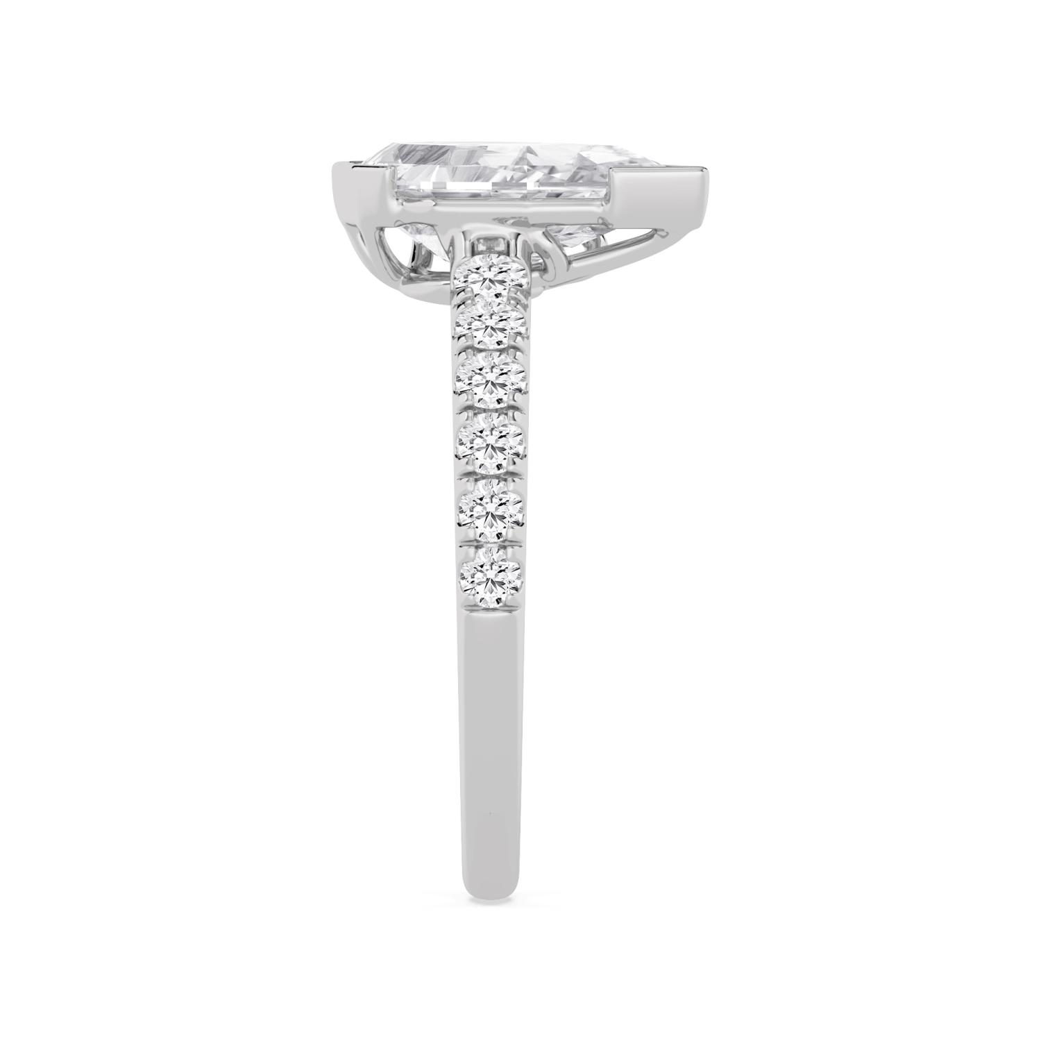 Noelle, Slanted Step Cut Pear, Open Bezel, Pavé Band in White Gold, pear, plain background, alternate view