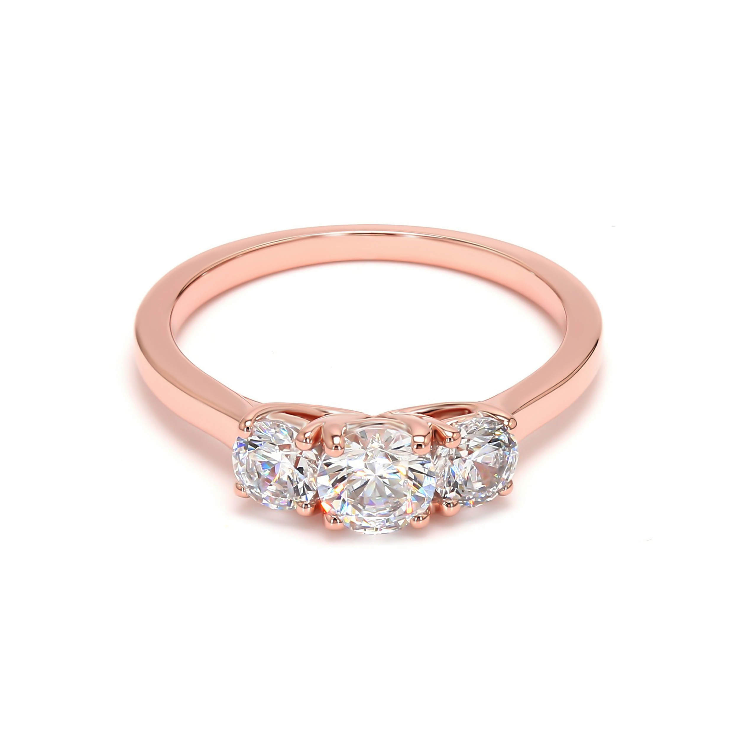 Ophelia, Three-Stone Ring, Three Rounds, Trellis Claws in Rose Gold, round, plain background