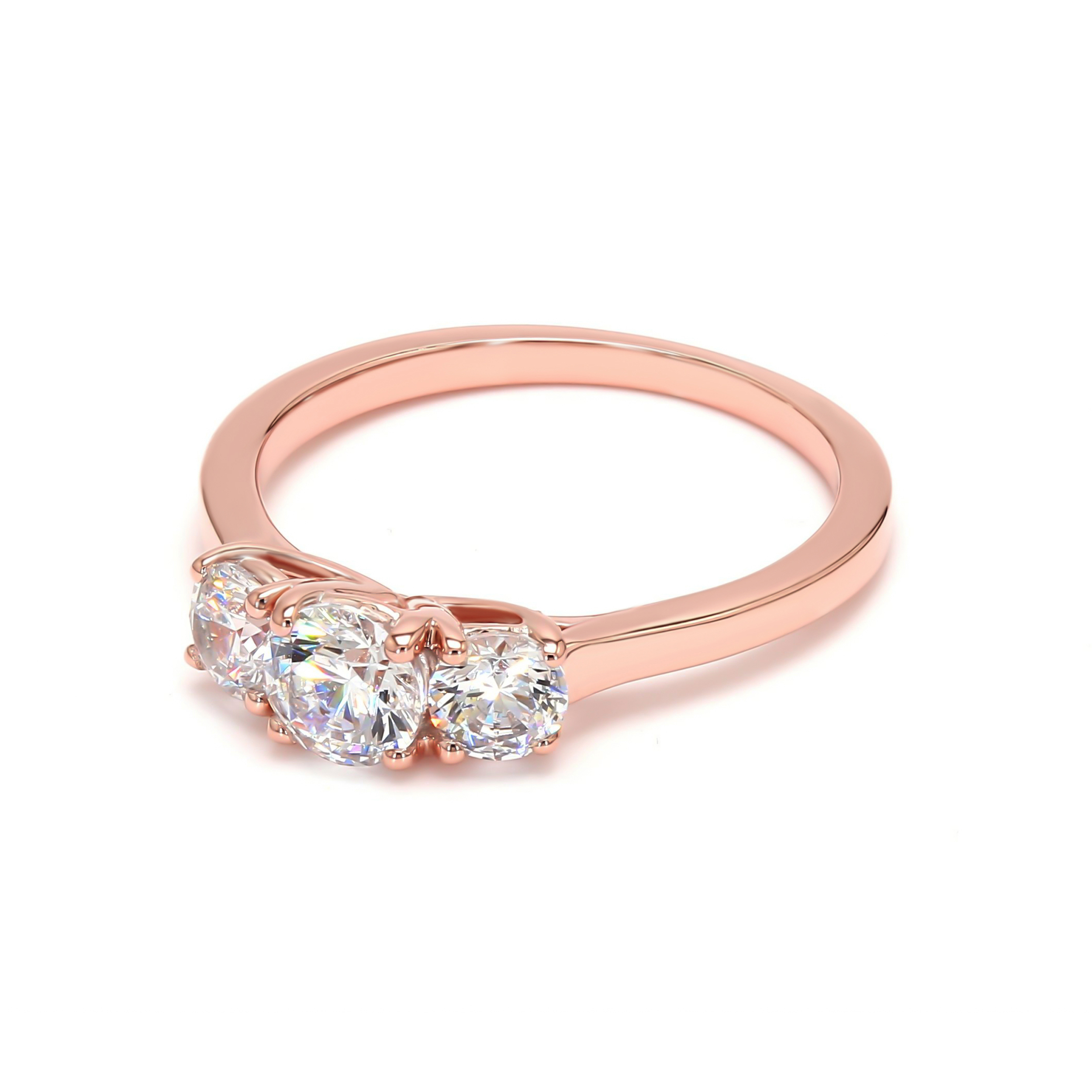 Ophelia, Three-Stone Ring, Three Rounds, Trellis Claws in Rose Gold, round, plain background, alternate view