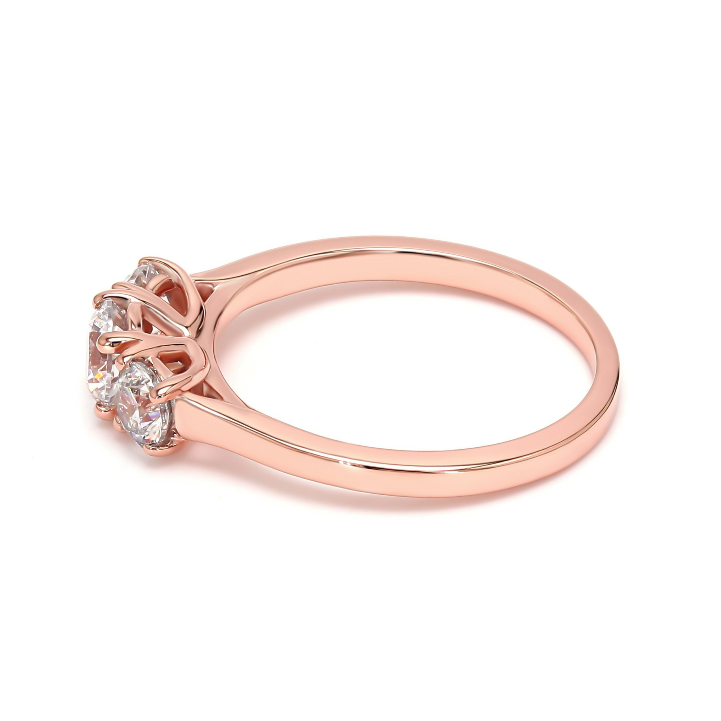Ophelia, Three-Stone Ring, Three Rounds, Trellis Claws in Rose Gold, round, plain background, alternate view