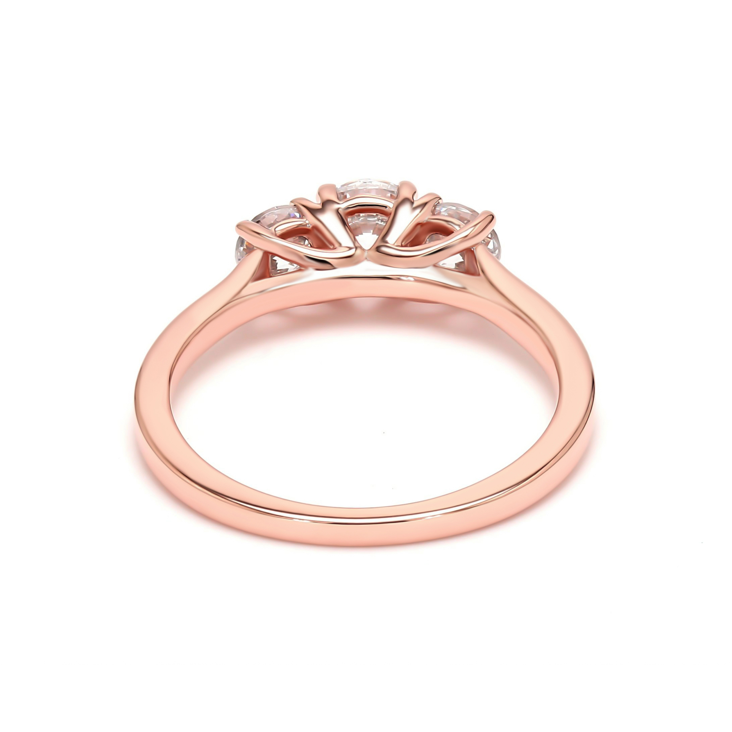 Ophelia, Three-Stone Ring, Three Rounds, Trellis Claws in Rose Gold, round, plain background, alternate view