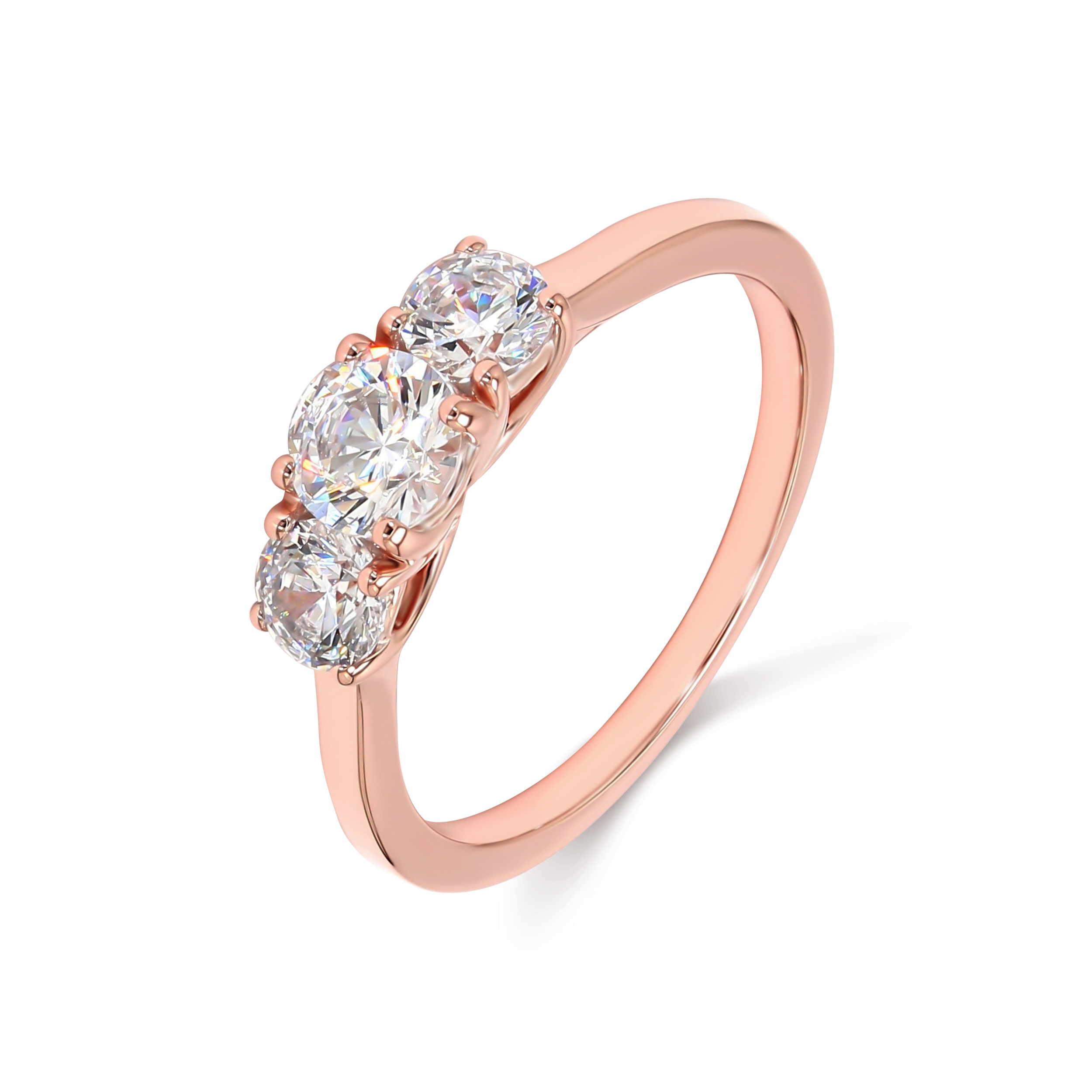 Ophelia, Three-Stone Ring, Three Rounds, Trellis Claws in Rose Gold, round, plain background, alternate view