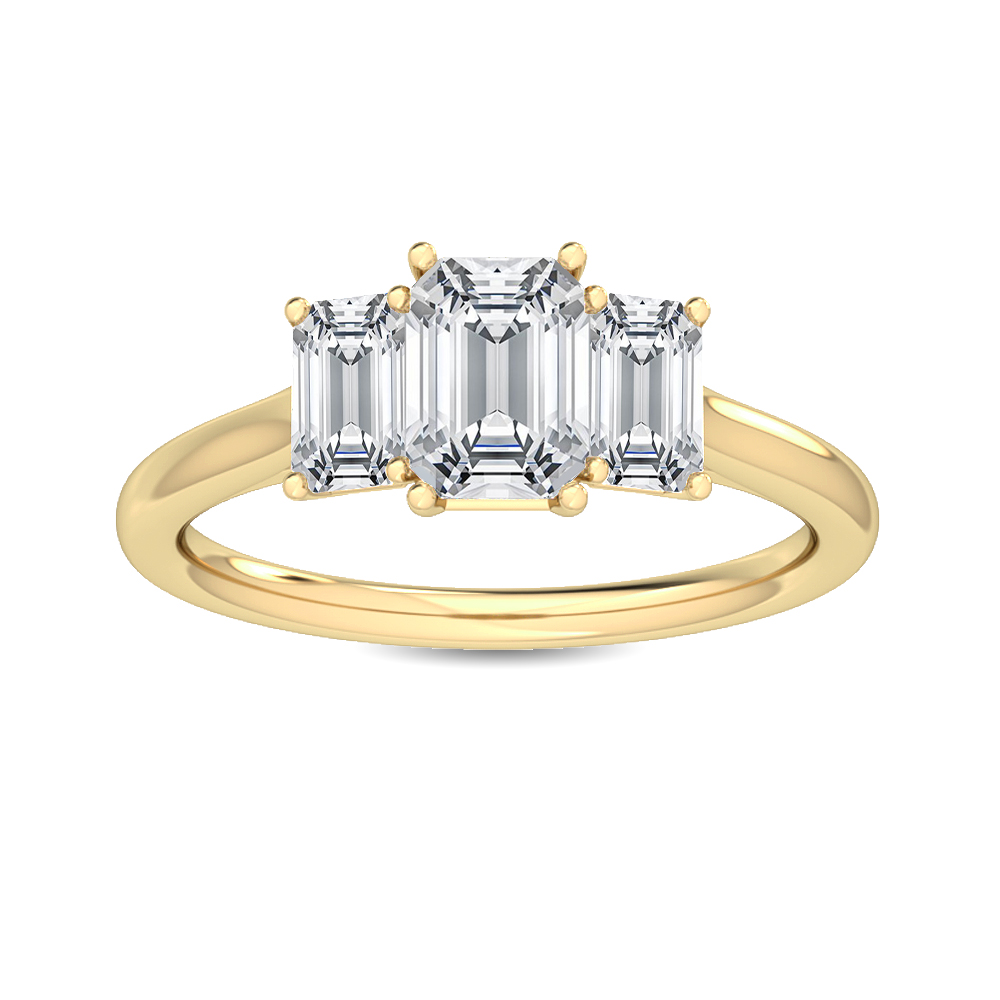 Simone, Three-Stone Ring, Three Emerald Cuts in Yellow Gold, emerald, plain background