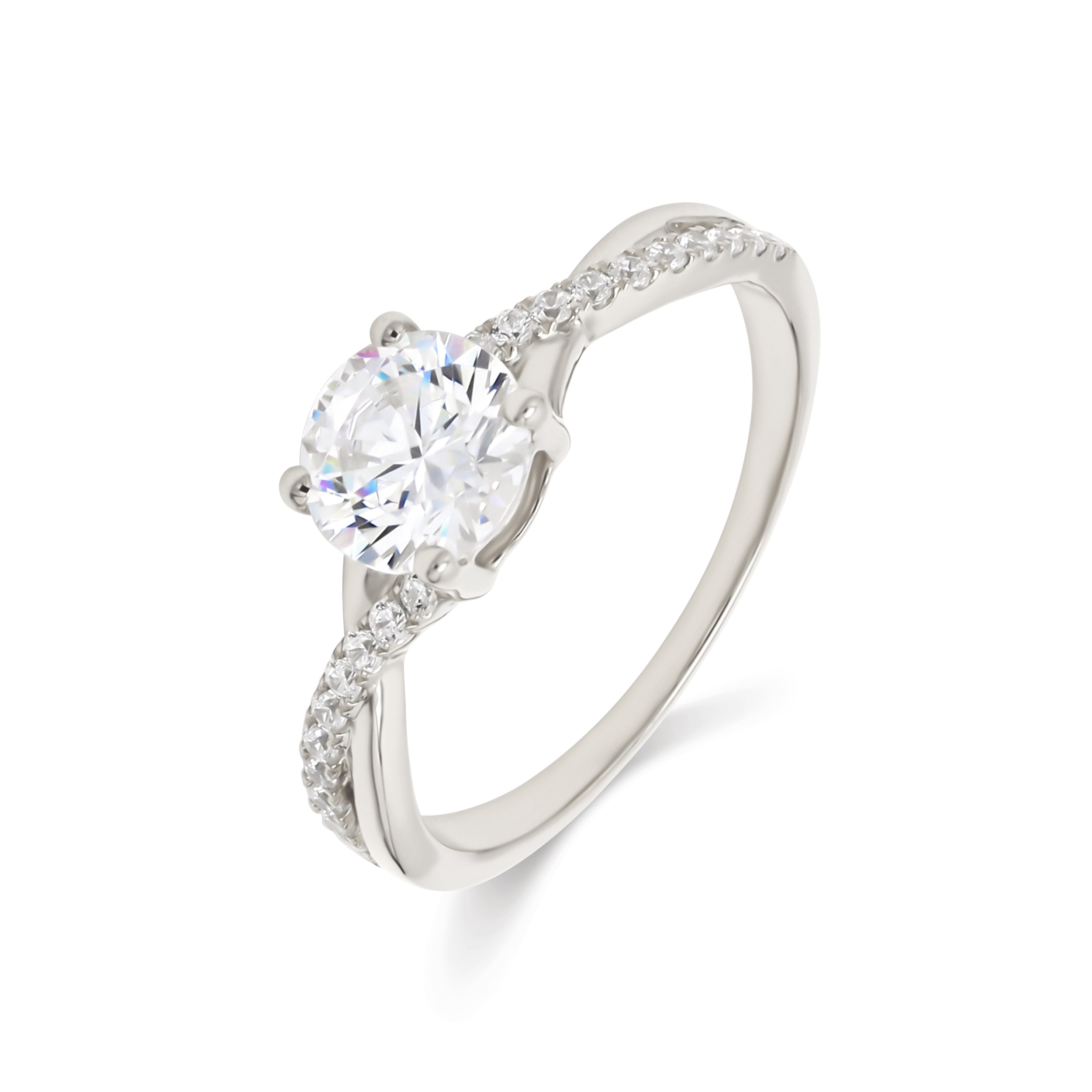 Tatiana, Four Prong Round Solitaire, Twisted Pavé Band in White Gold, round, plain background