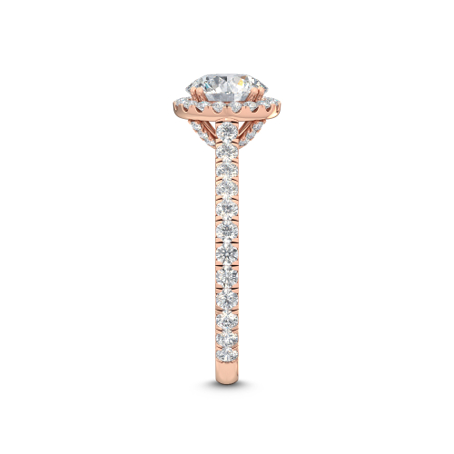 Isabeau, Round Halo, Cathedral Pavé Band in Rose Gold, round, plain background, alternate view