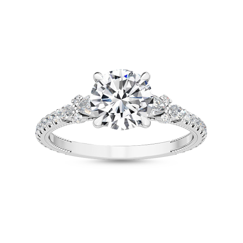 Josette, Round Solitaire, Pear and Marquise Shoulders in White Gold, round, plain background