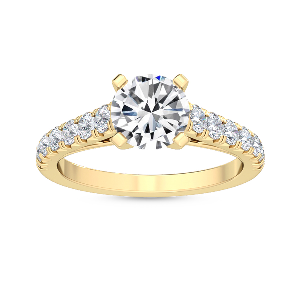 Lavinia, Four Prong Round Solitaire, Graduated Pavé Shoulders in Yellow Gold, round, plain background