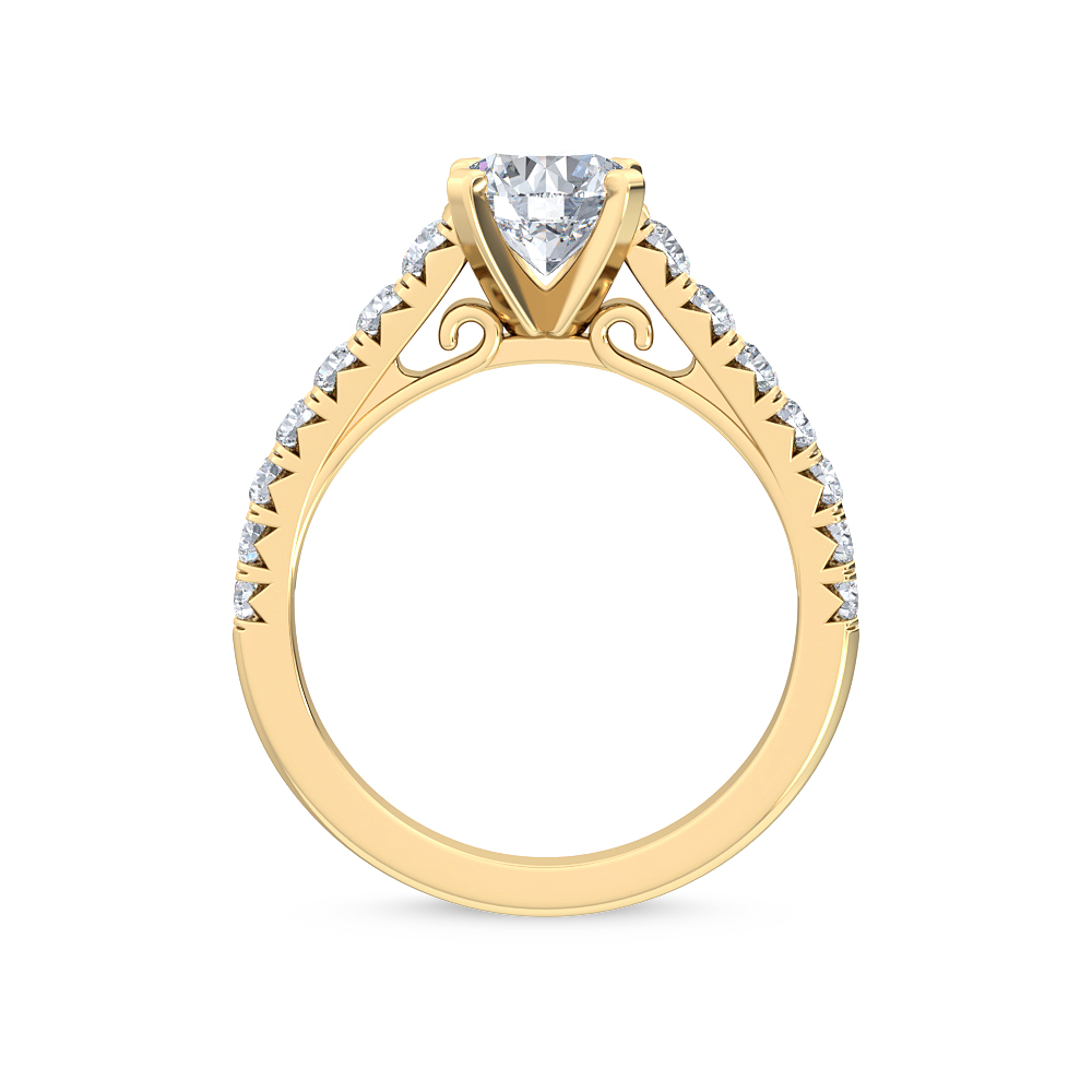 Lavinia, Four Prong Round Solitaire, Graduated Pavé Shoulders in Yellow Gold, round, plain background, alternate view