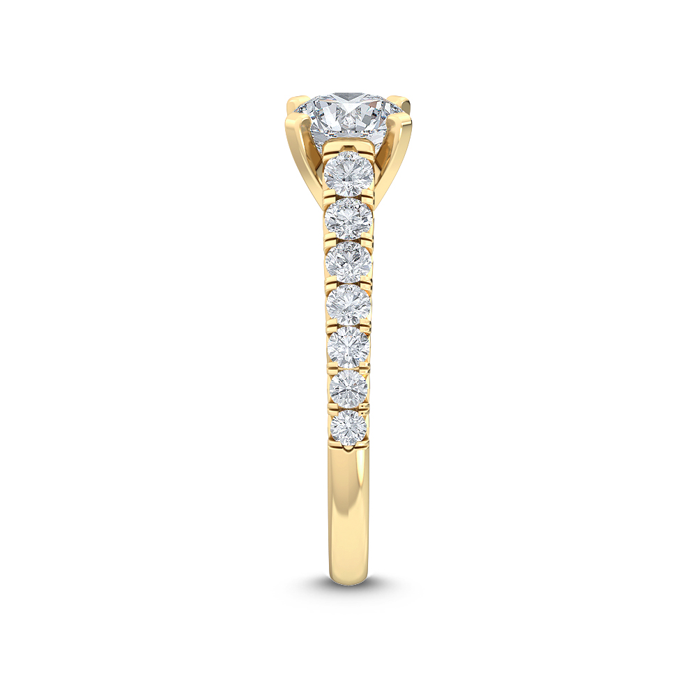 Lavinia, Four Prong Round Solitaire, Graduated Pavé Shoulders in Yellow Gold, round, plain background, alternate view