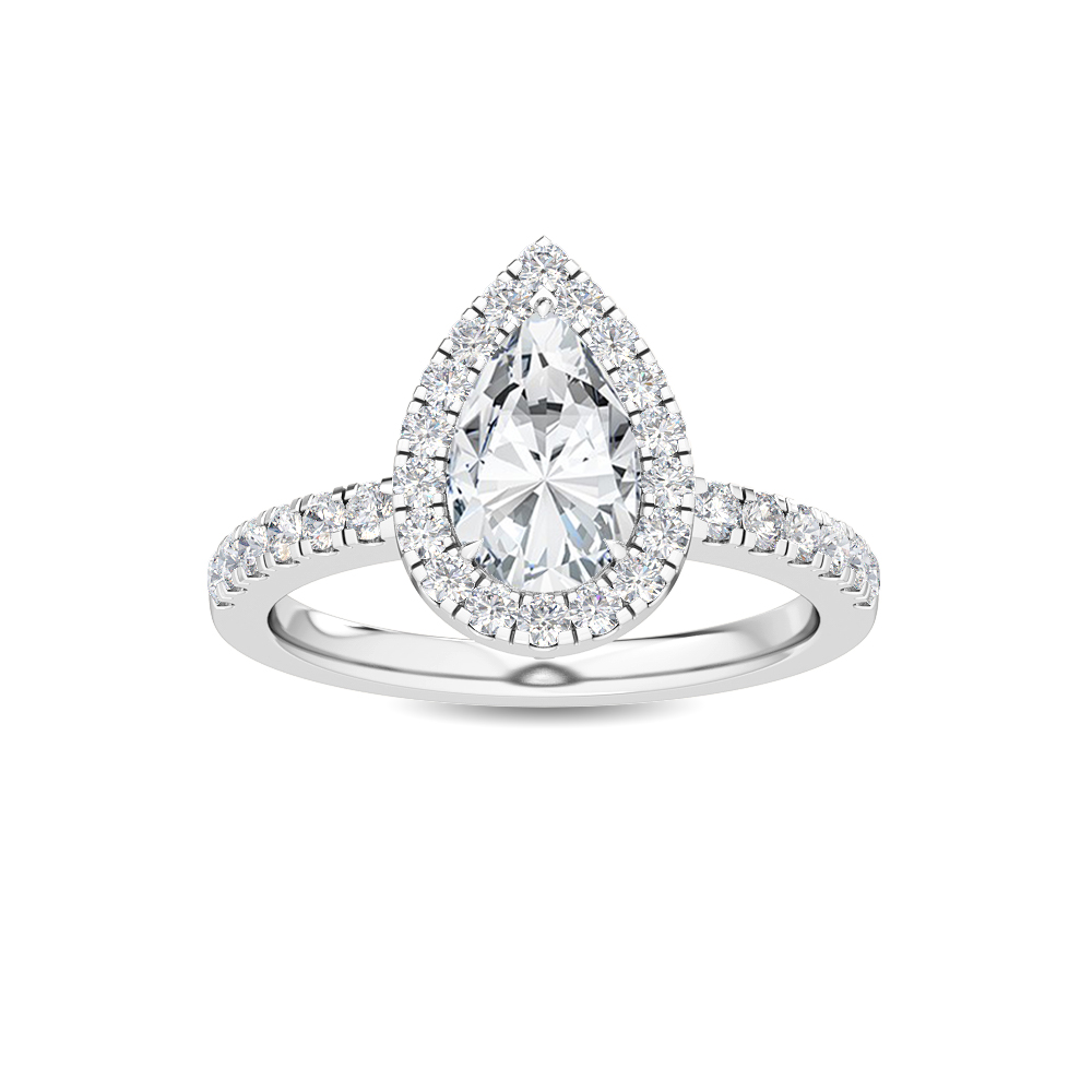Melisande, Pear Halo, Pavé Band in White Gold, pear, plain background