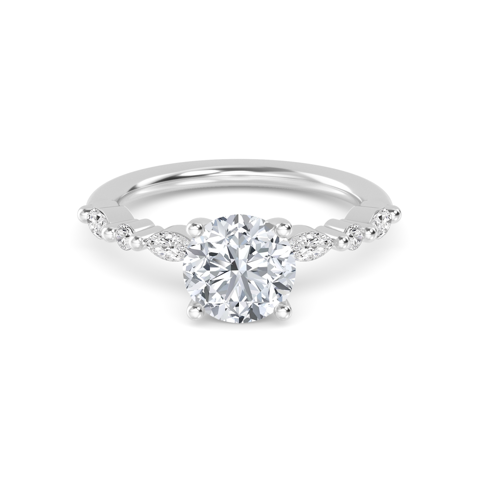 Winifred, Round Solitaire, Marquise and Round Shoulders in White Gold, round, plain background