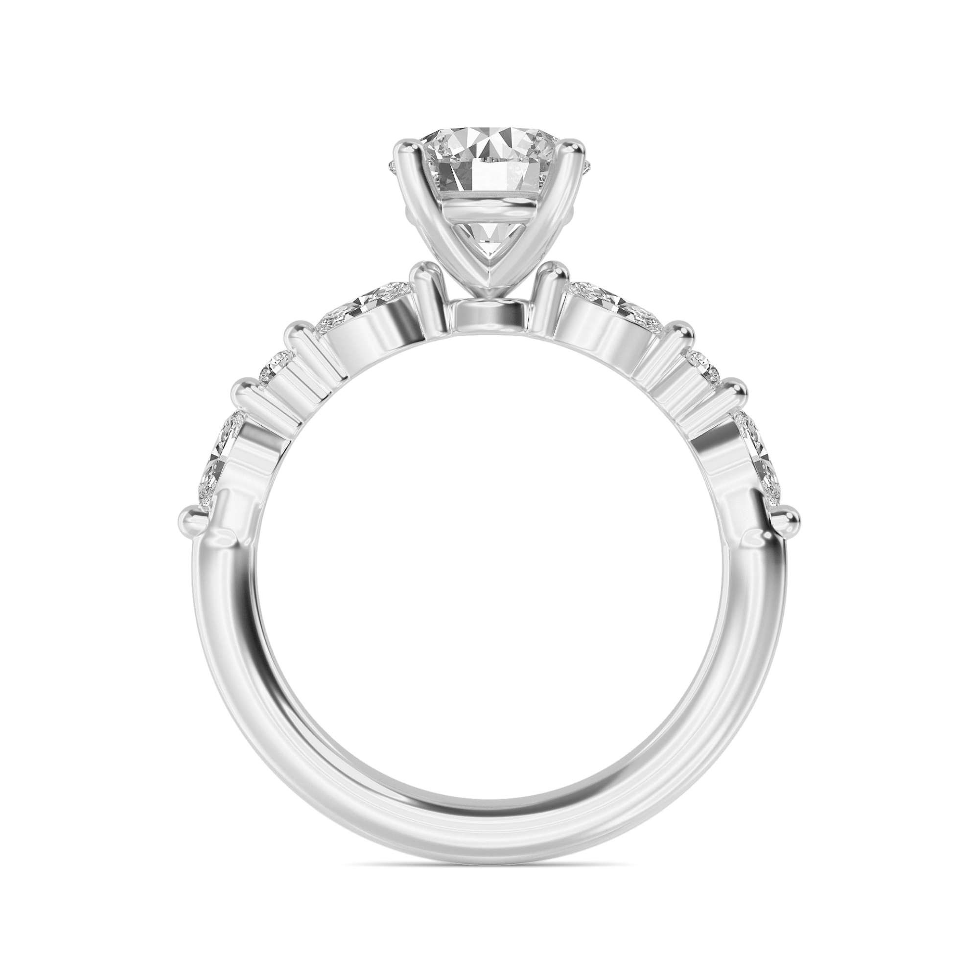 Winifred, Round Solitaire, Marquise and Round Shoulders in White Gold, round, plain background, alternate view
