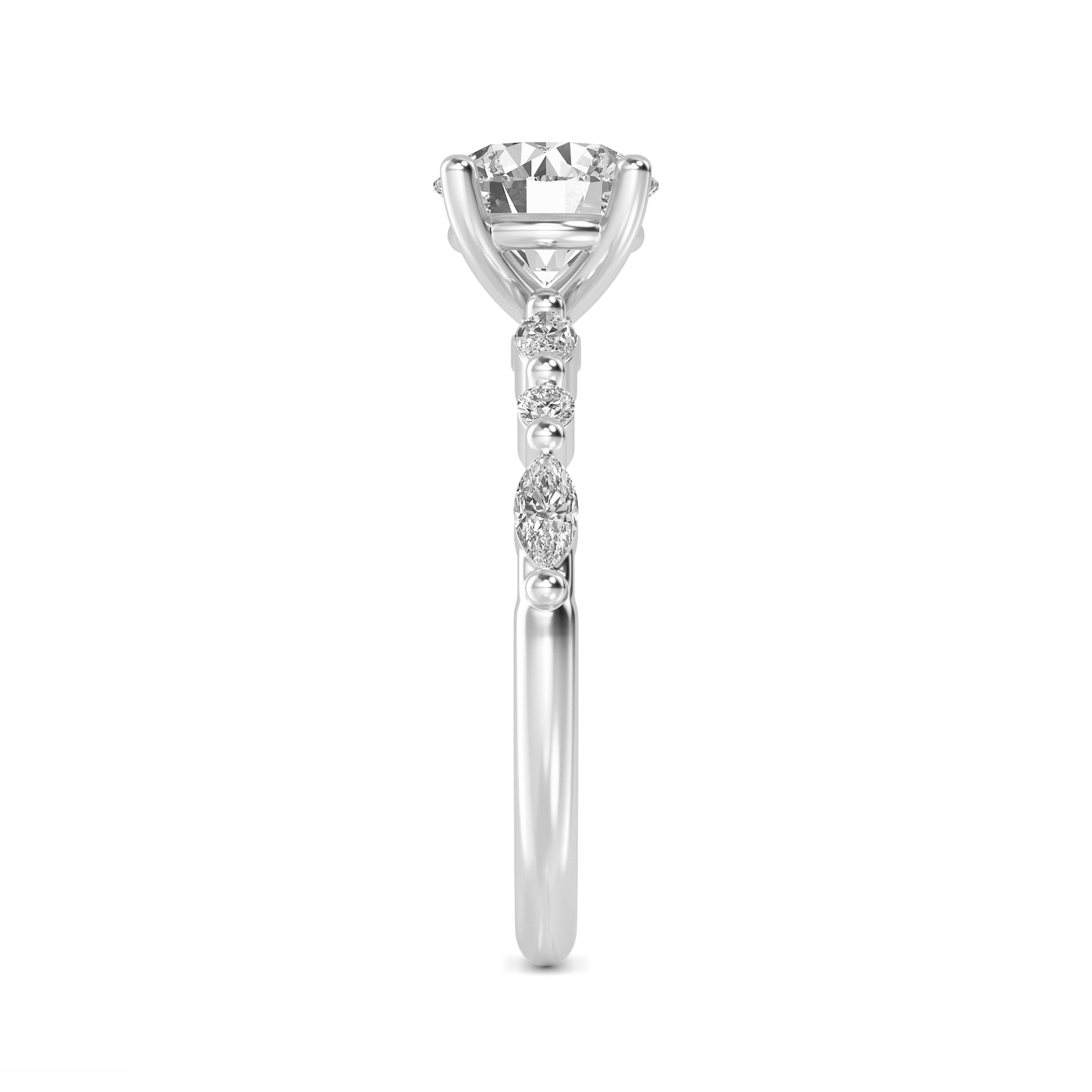 Winifred, Round Solitaire, Marquise and Round Shoulders in White Gold, round, plain background, alternate view