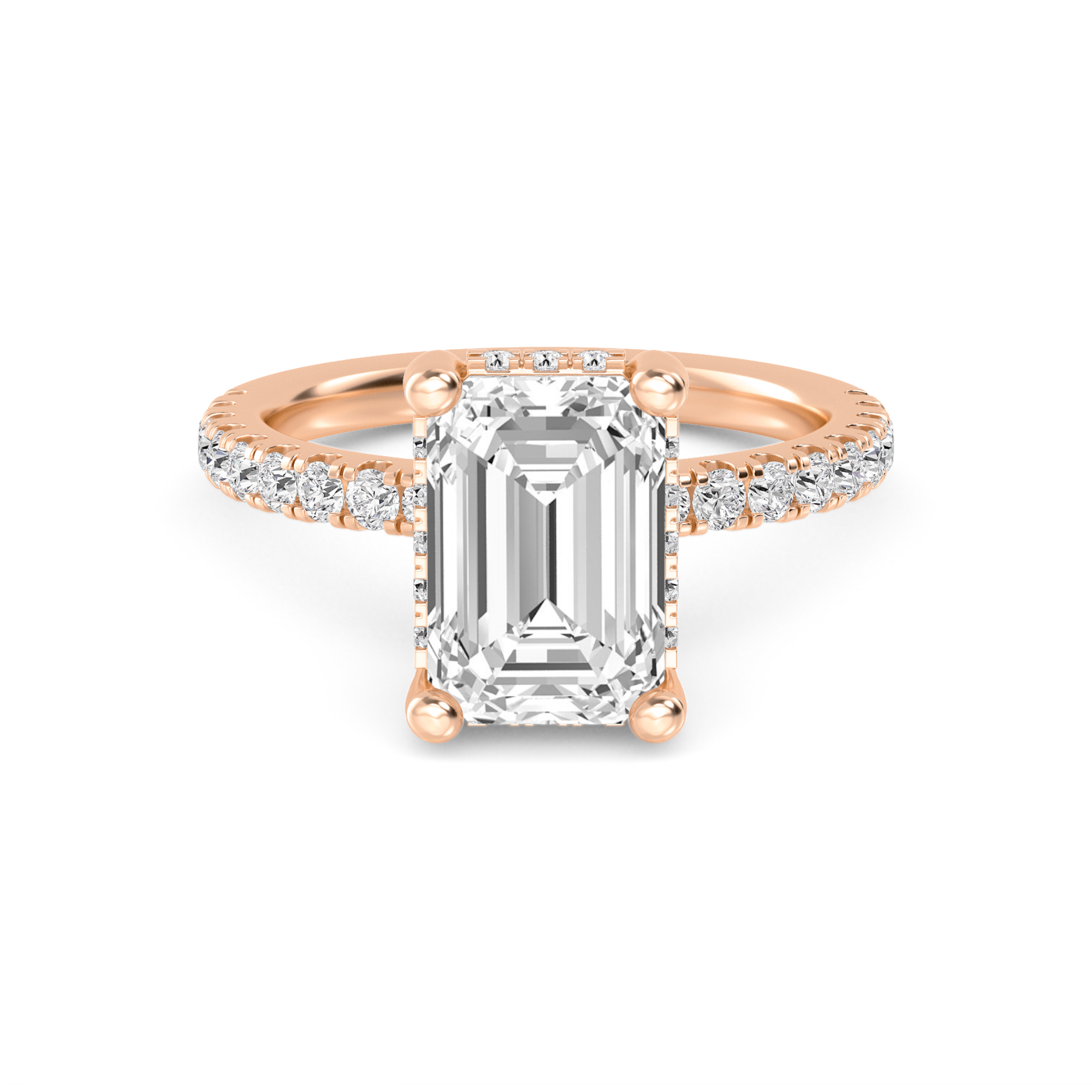 Francesca, Four Prong Emerald Solitaire, Pavé Band, Hidden Halo in Rose Gold, emerald, plain background