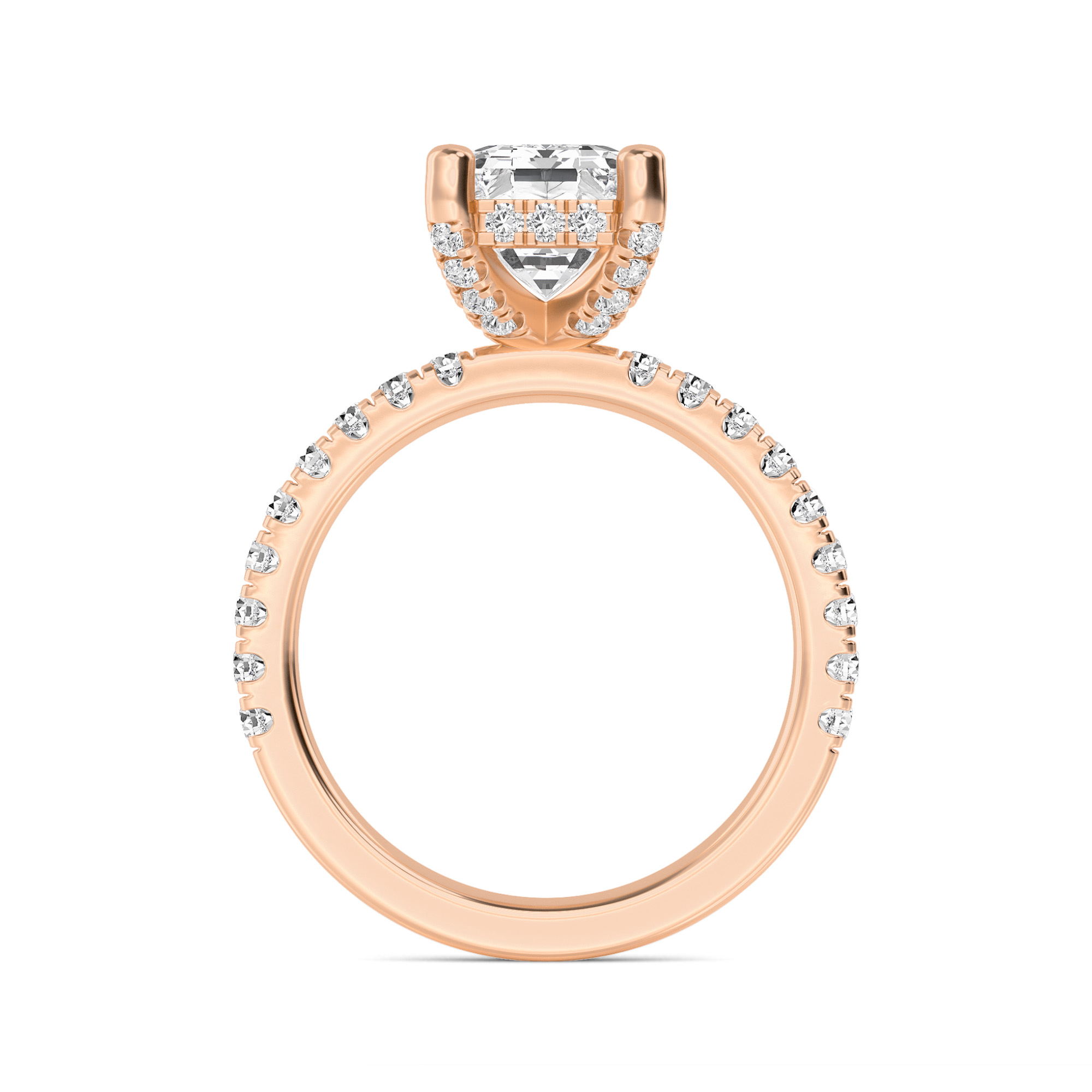 Francesca, Four Prong Emerald Solitaire, Pavé Band, Hidden Halo in Rose Gold, emerald, plain background, alternate view
