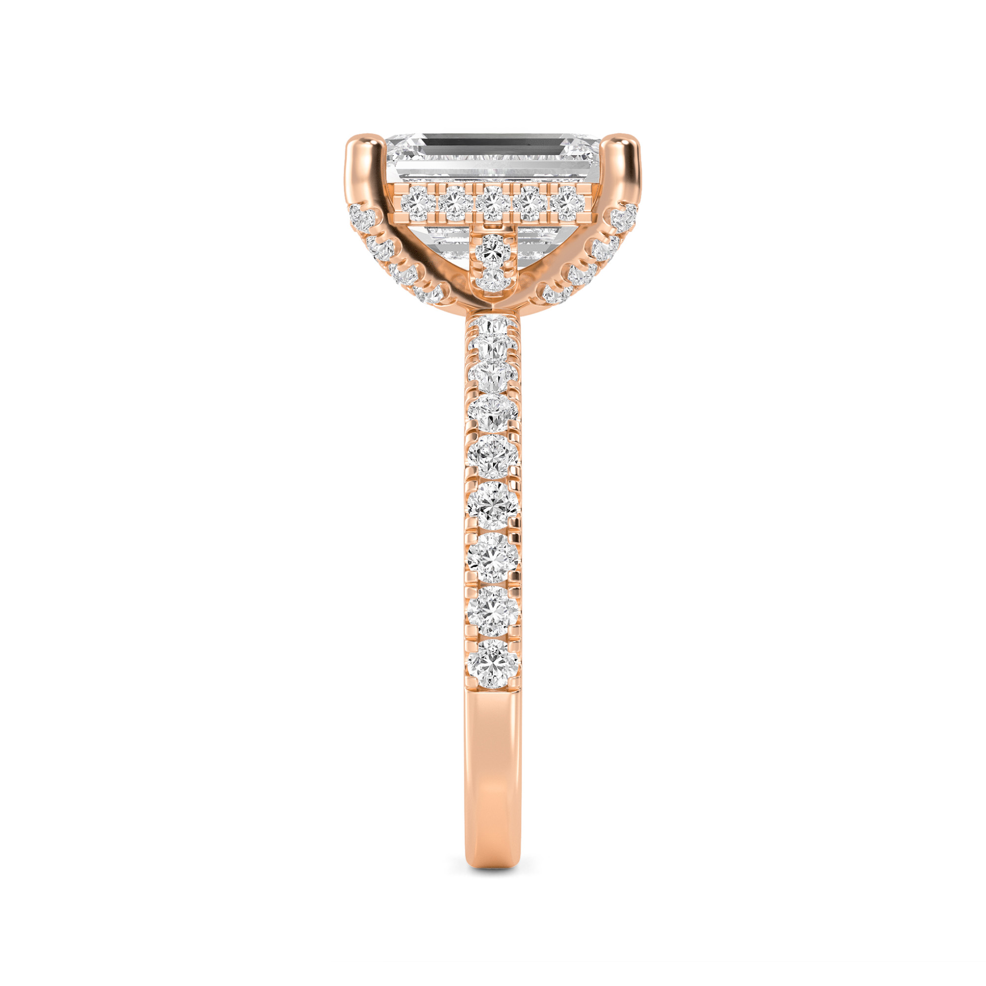 Francesca, Four Prong Emerald Solitaire, Pavé Band, Hidden Halo in Rose Gold, emerald, plain background, alternate view