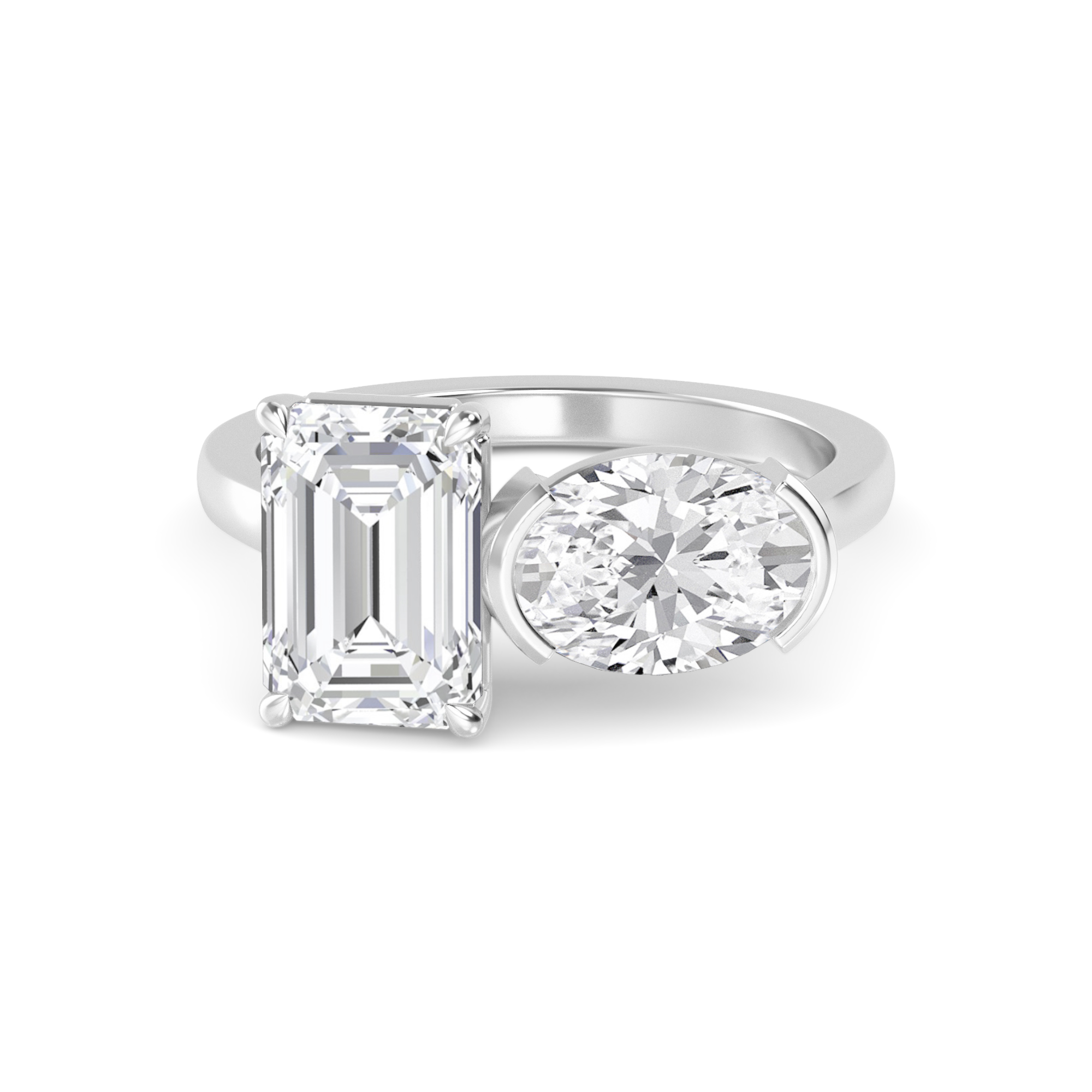 Gwendolyn, Toi et Moi, Emerald Cut and Oval in White Gold, emerald, plain background