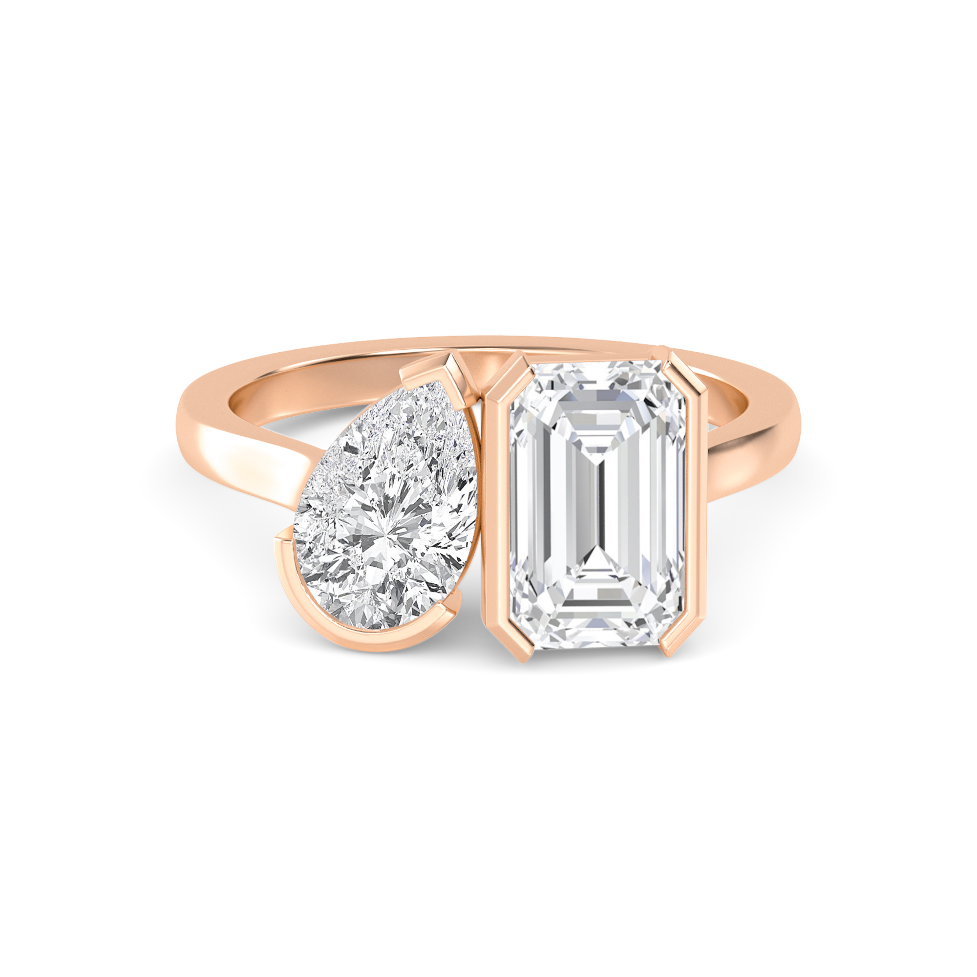 Harriet, Toi et Moi, Pear and Emerald Cut in Rose Gold, pear, plain background