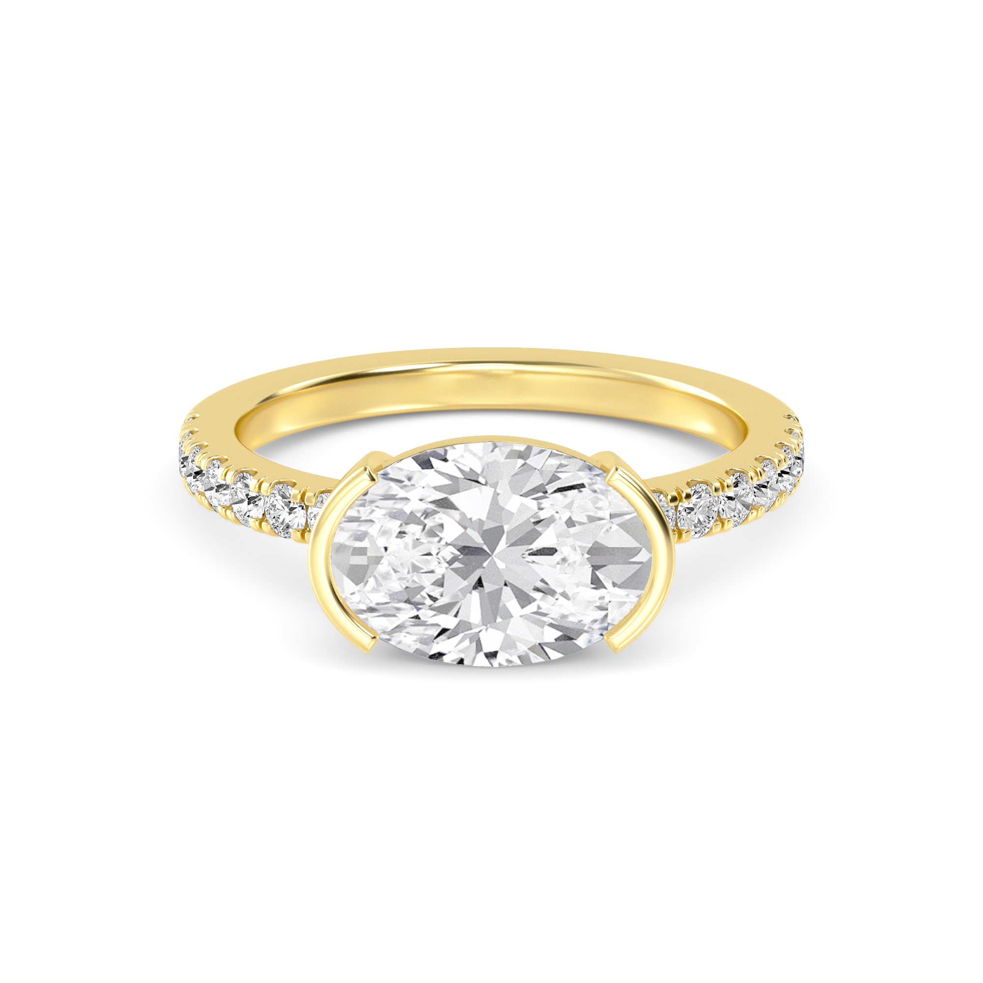 Ilaria, East-West Oval Half Bezel, Pavé Band in Yellow Gold, oval, plain background