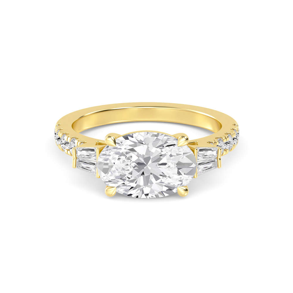 Lorelei, East-West Oval, Tapered Baguette Sides, Pavé Band in Yellow Gold, oval, plain background